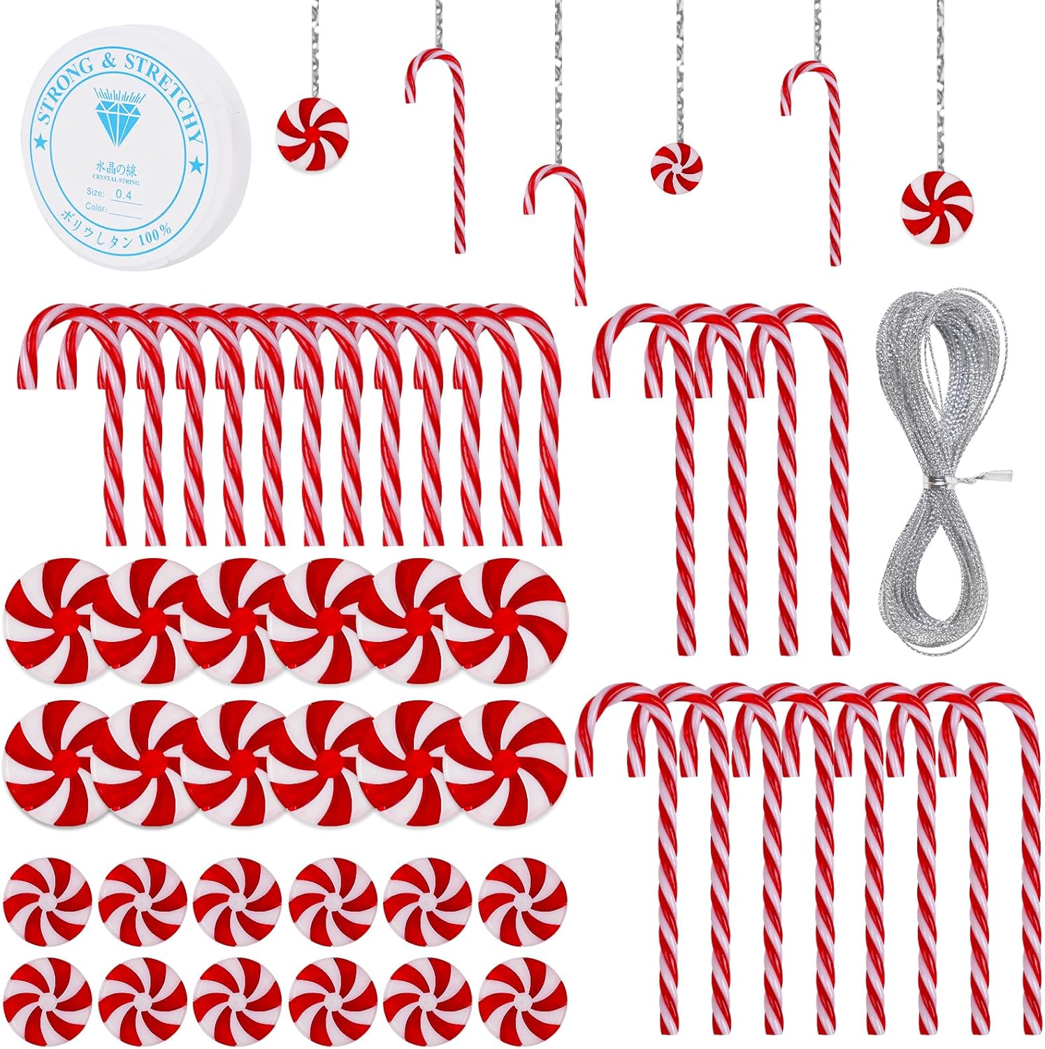 48 adornos colgantes de bastón de caramelo de Navidad, guirnalda de remolinos de caramelo, decoraciones de árbol de Navidad, bastón de caramelo de