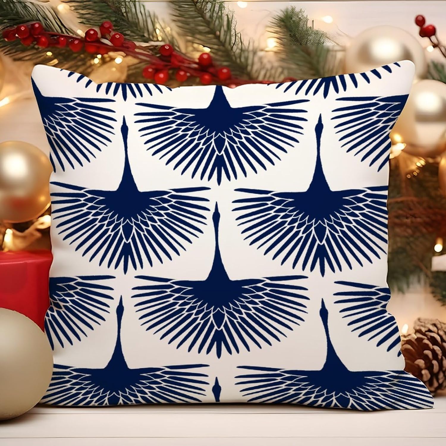 Fundas de cojín estilo asiático chinoiserie azul marino cisne decoración del hogar, fundas de almohada de lino de lino con pájaro elegante azul