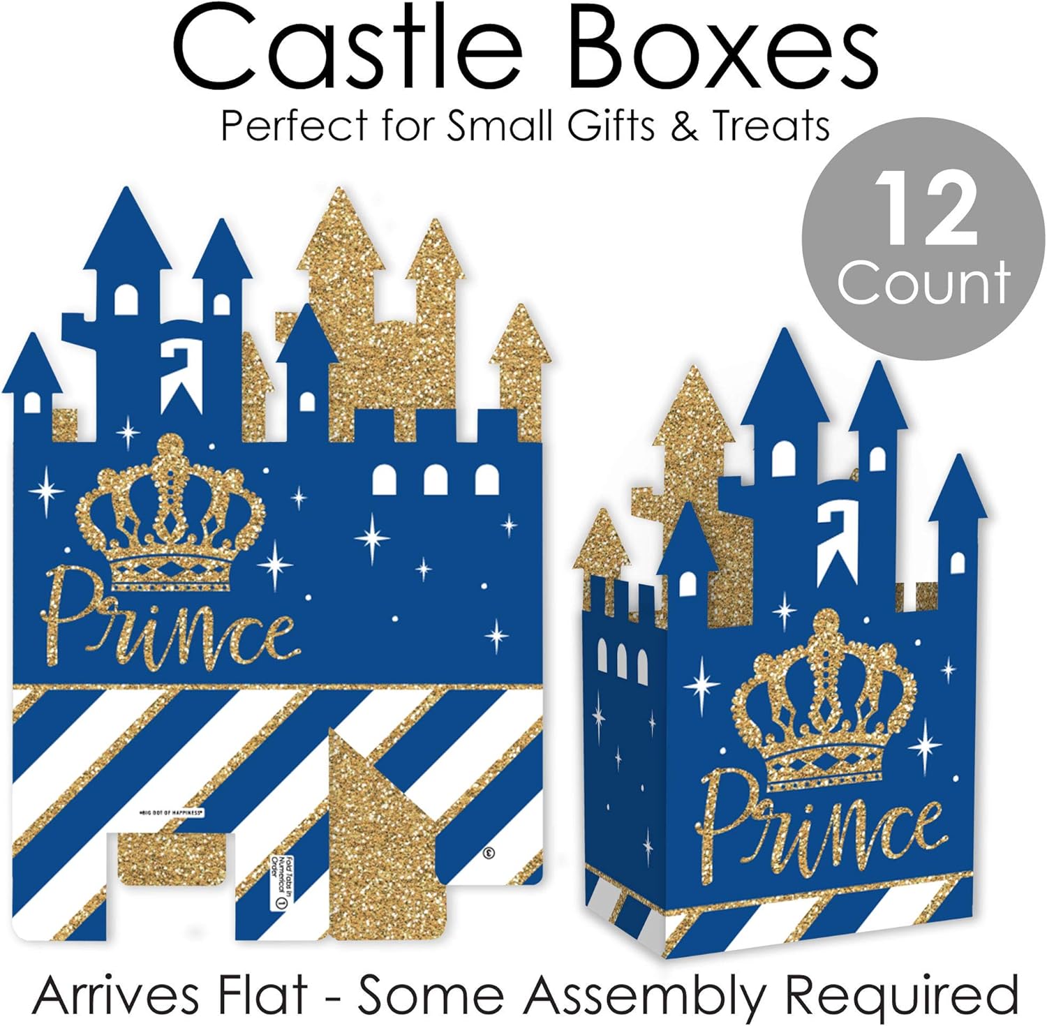 Big Dot of Happiness Royal Prince Charming – Cajas de regalo para baby shower o fiesta de cumpleaños, cajas de castillo, juego de 12