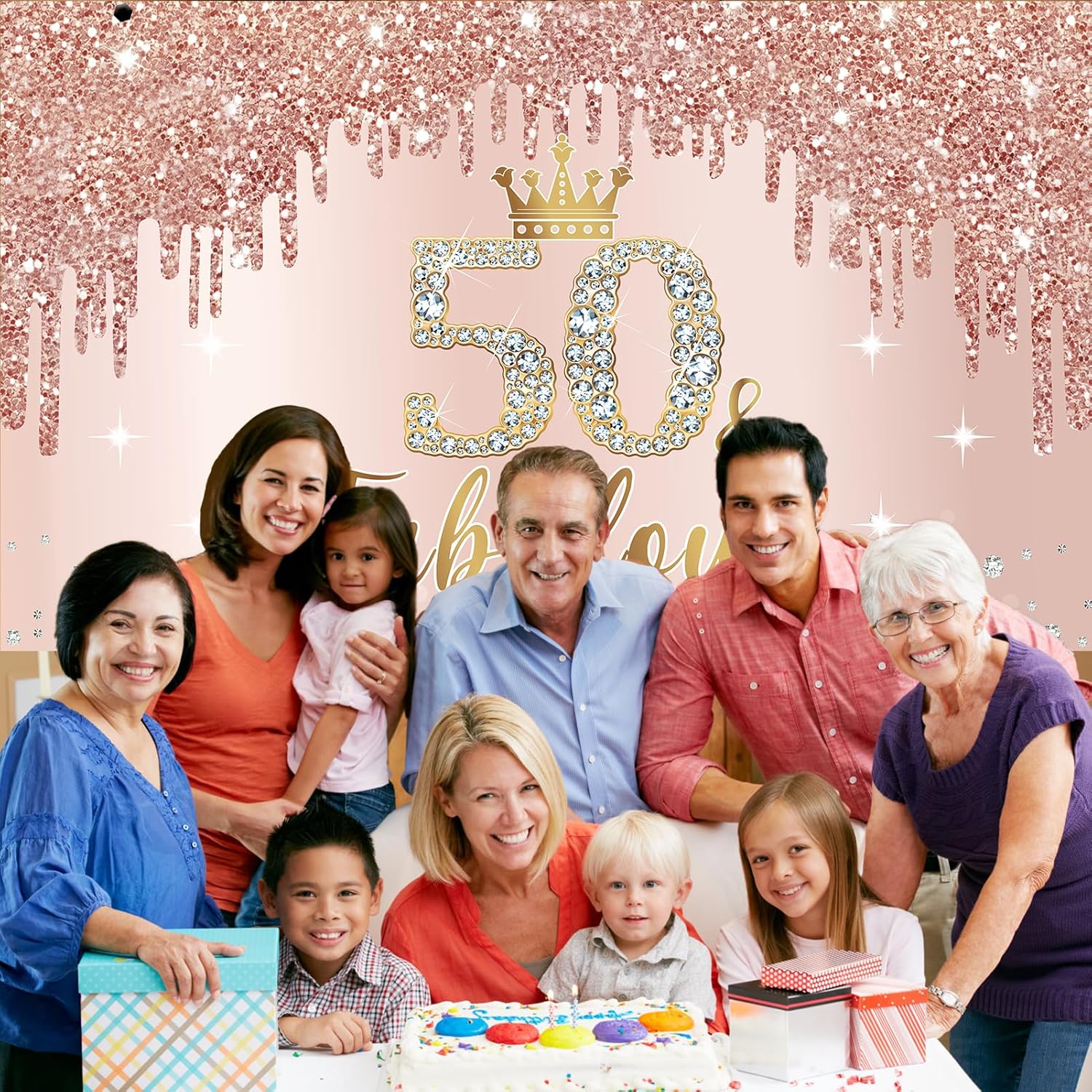 Cartel de 50 cumpleaños de oro rosa para mujer, decoración de fiesta de cumpleaños de 50 años para mujer, pancarta de oro rosa rosa con el número 50