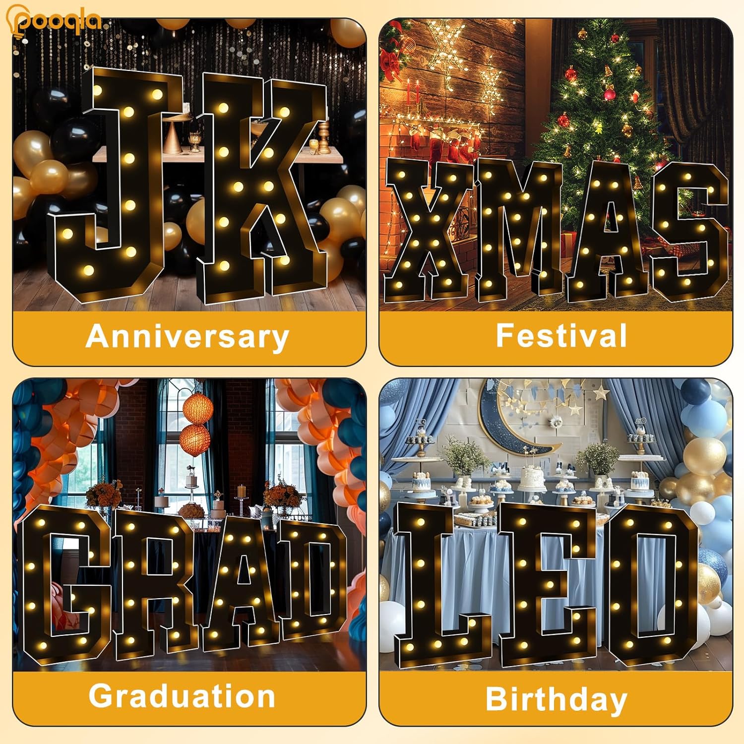 Pooqla Letras iluminadas de marquesina negra de 3 pies, letras de marquesina con luz LED grandes para decoración de fiestas, letras de mosaico