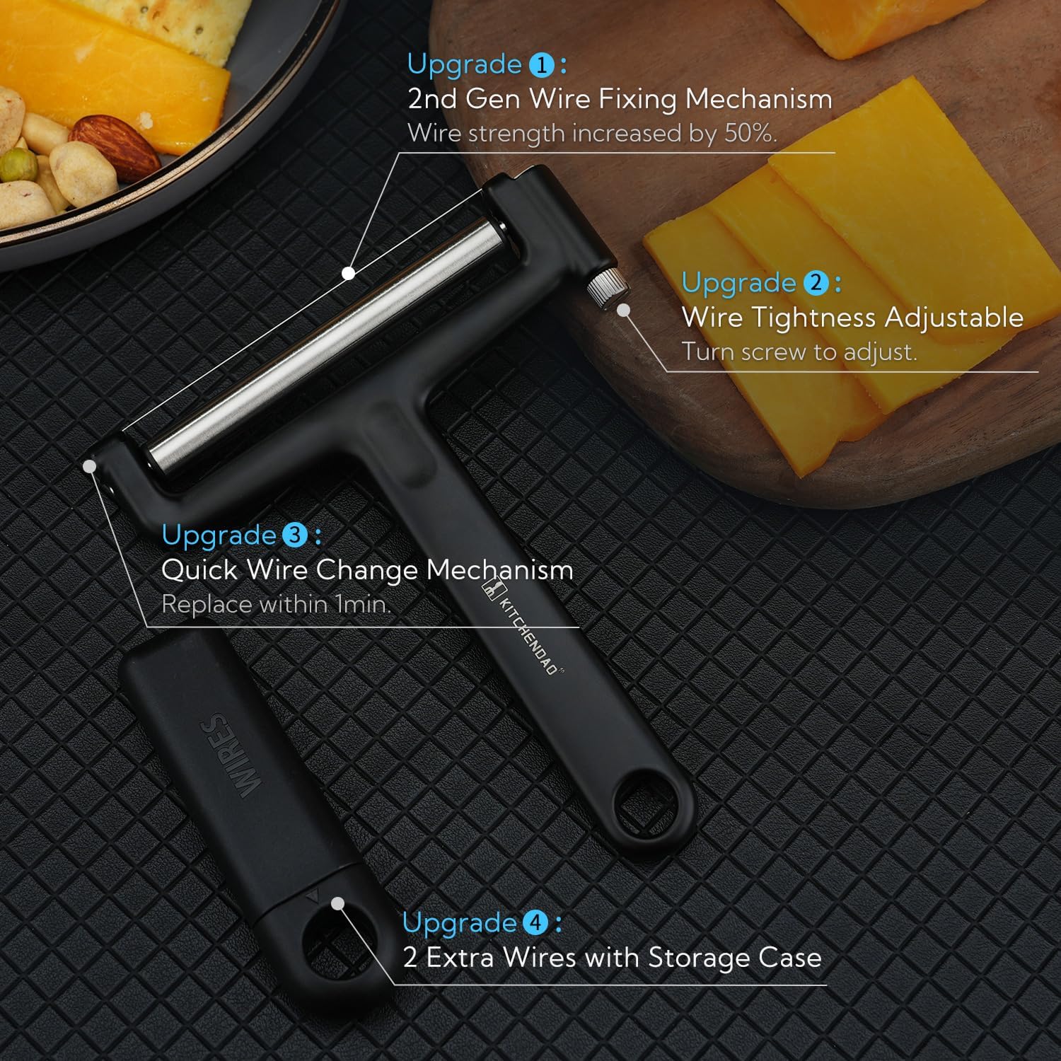 KITCHENDAO Cortador de queso de alambre reemplazable, cables 50% más fuertes con mecanismo de fijación de alambre de 2 generación, cortador de queso