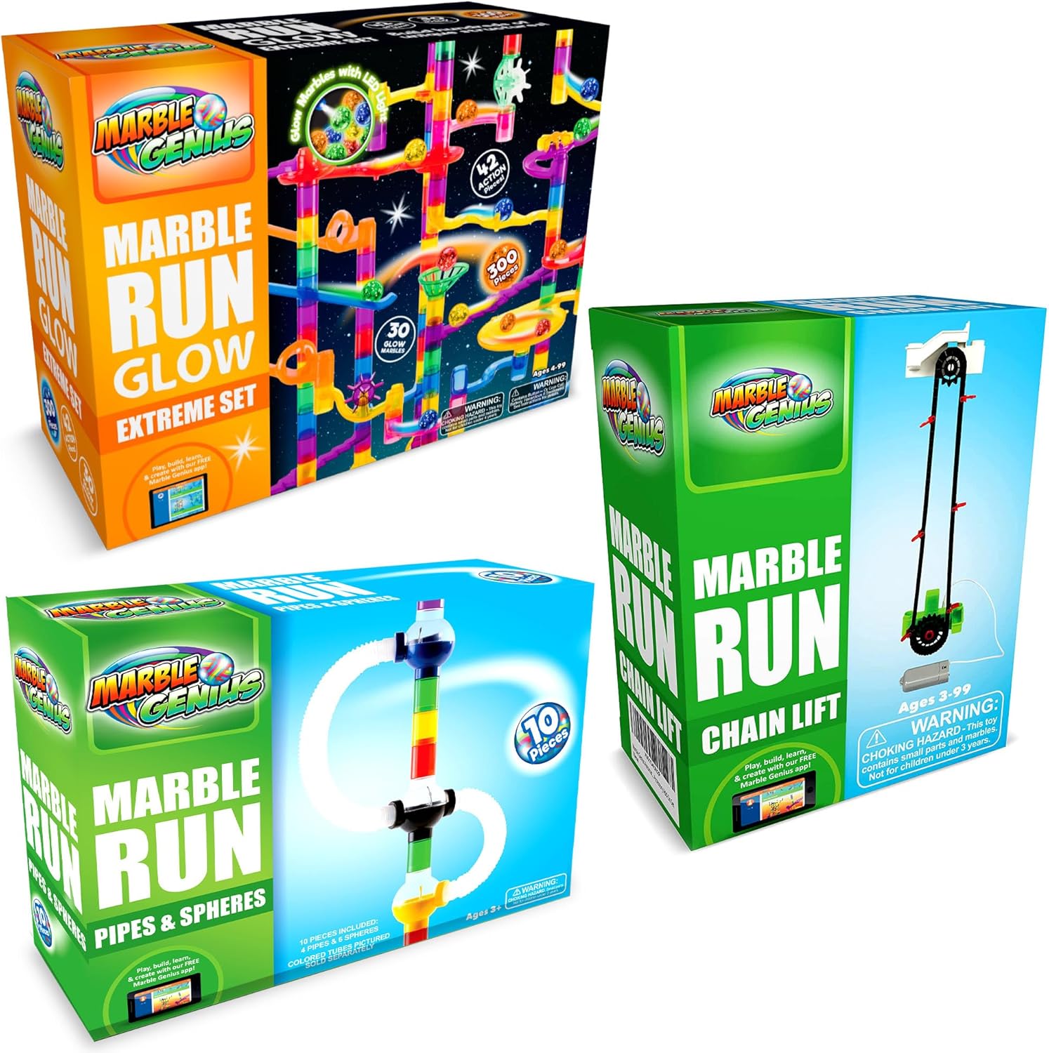 Marble Genius Paquete Glow Extreme Set (300 piezas), elevación automática de cadena, tubos de canica y accesorios de esferas, perfecto para niños y