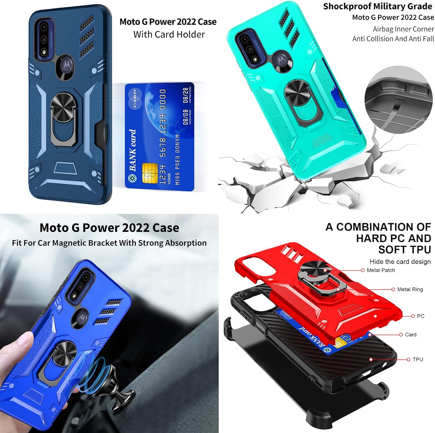 Funda para Motorola Moto G Power 2022 con protector de pantalla Moto G Power 2022 con clip para cinturón Moto G Power 2022 con soporte para anillo,