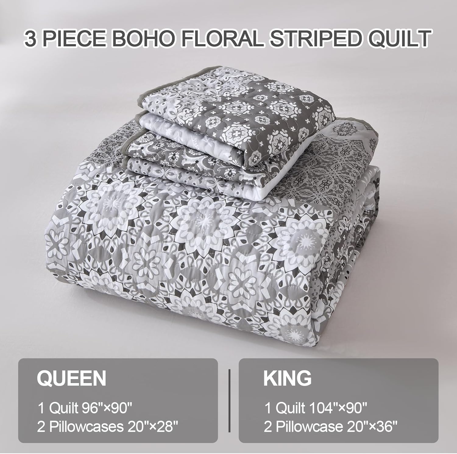 WONGS BEDDING Juego de edredón bohemio gris, tamaño Queen, juego de colcha de verano con 2 fundas de almohada, juego de ropa de cama bohemia de