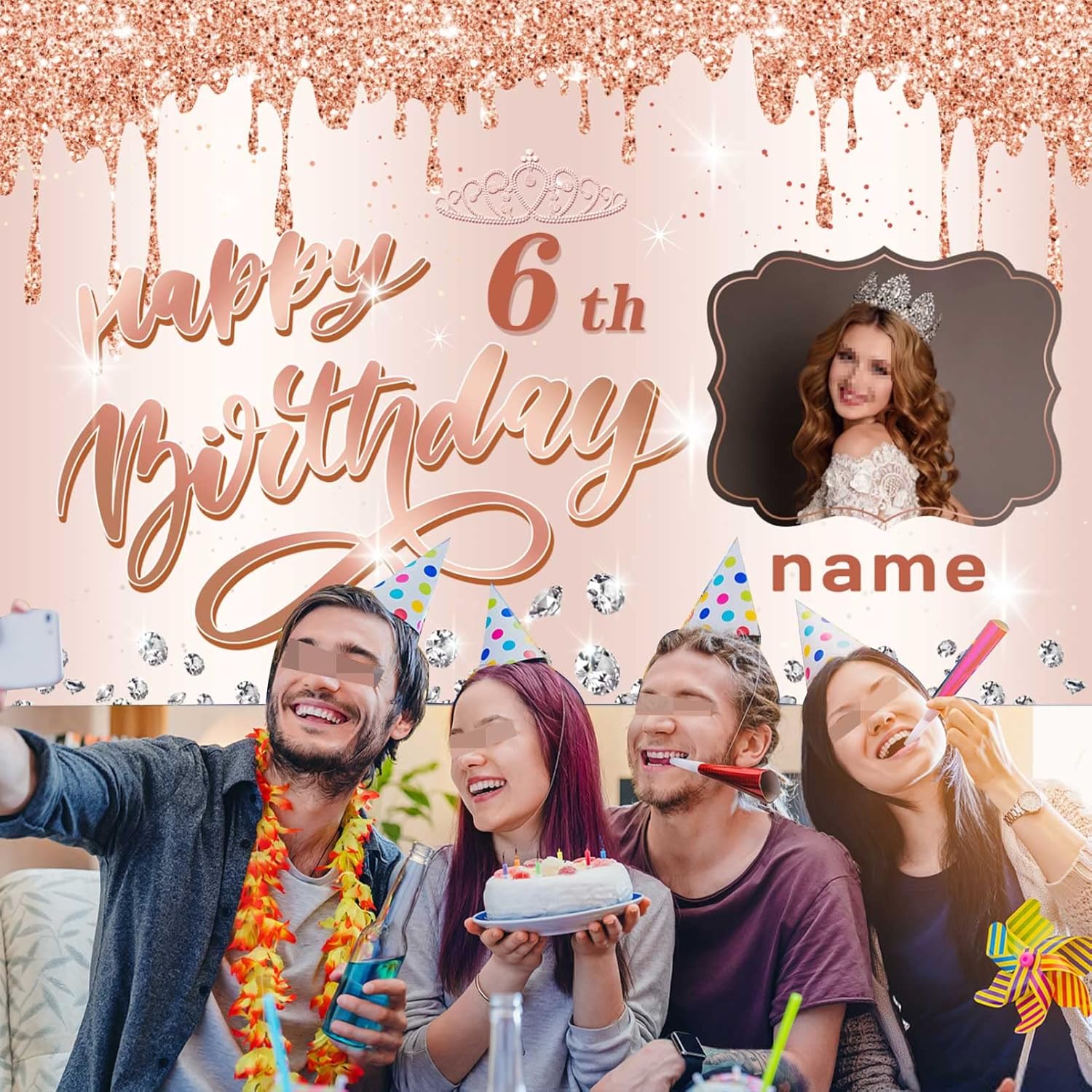 Cartel personalizable de decoración de feliz cumpleaños número 6, color oro rosa, personalizado con nombre y foto