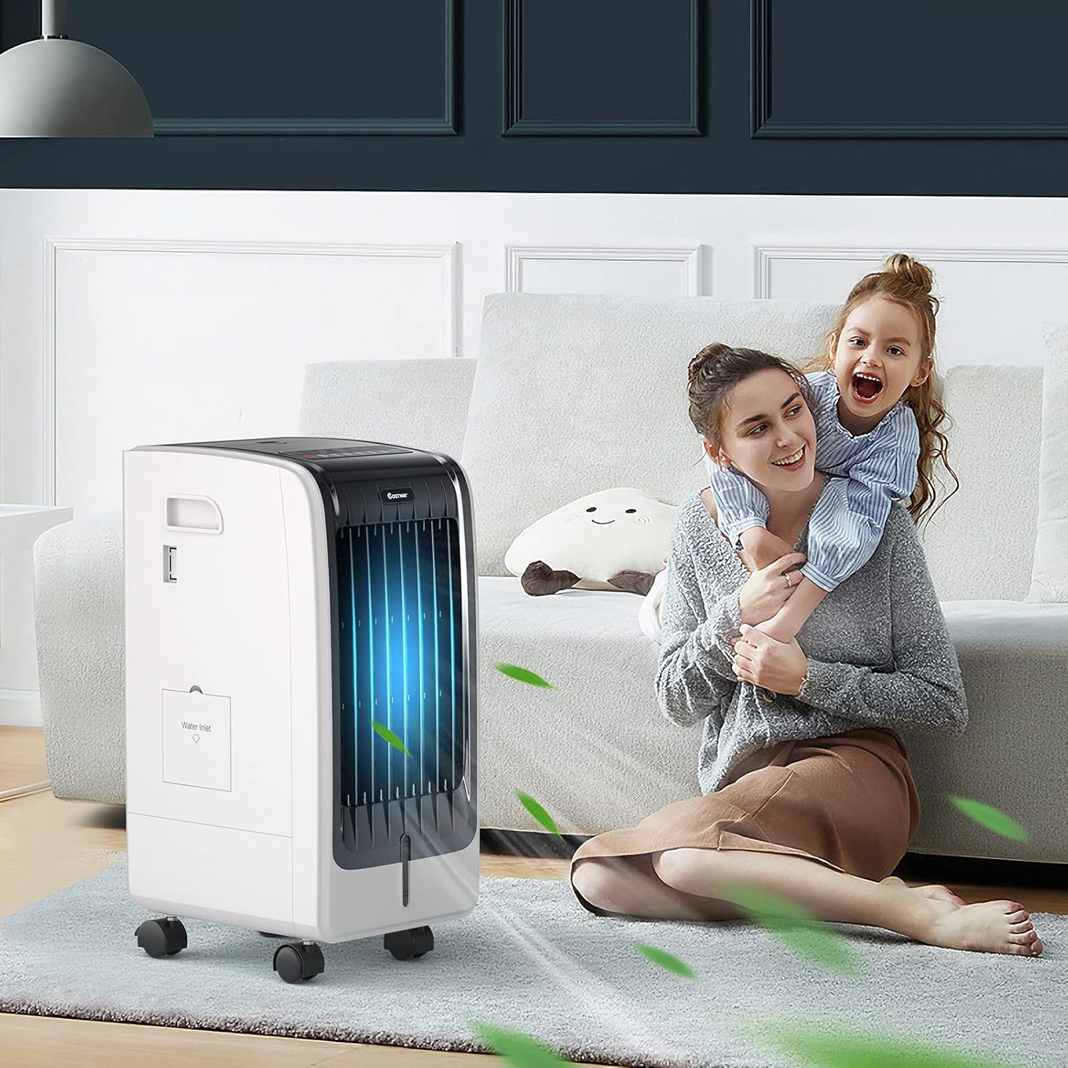 COSTWAY Enfriador de aire evaporativo portátil para habitación, incluye control remoto, 2 paquetes de hielo, ventilador portátil sin aspas con 3