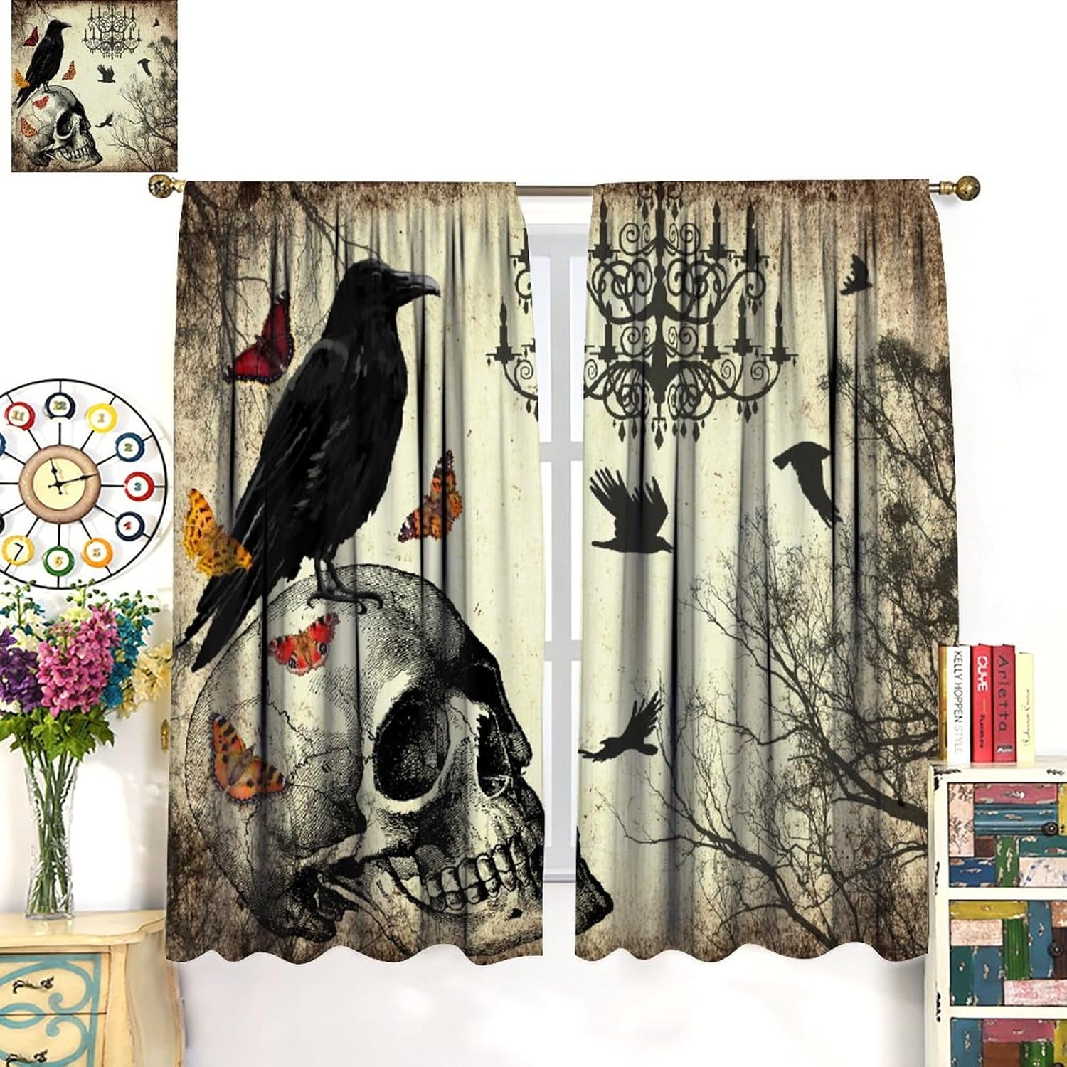 JanJCurt Cortinas de calavera de Halloween, periódico vintage, bosque brumoso, gótico, aterrador, estampado de cuervo negro, aislamiento térmico,