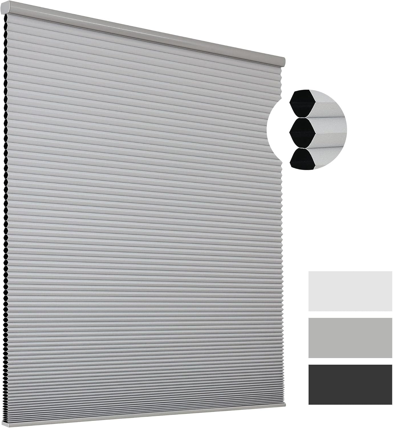 Joydeco Persianas celulares sin cordones, persianas de panal gris de parada libre para ventanas, persianas celulares opacas para el hogar,