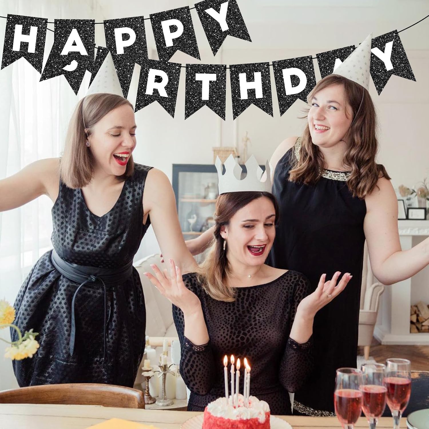 Cartel de feliz cumpleaños negro para telón de fondo con purpurina negra para decoración de feliz cumpleaños para hombres y mujeres, fiesta de