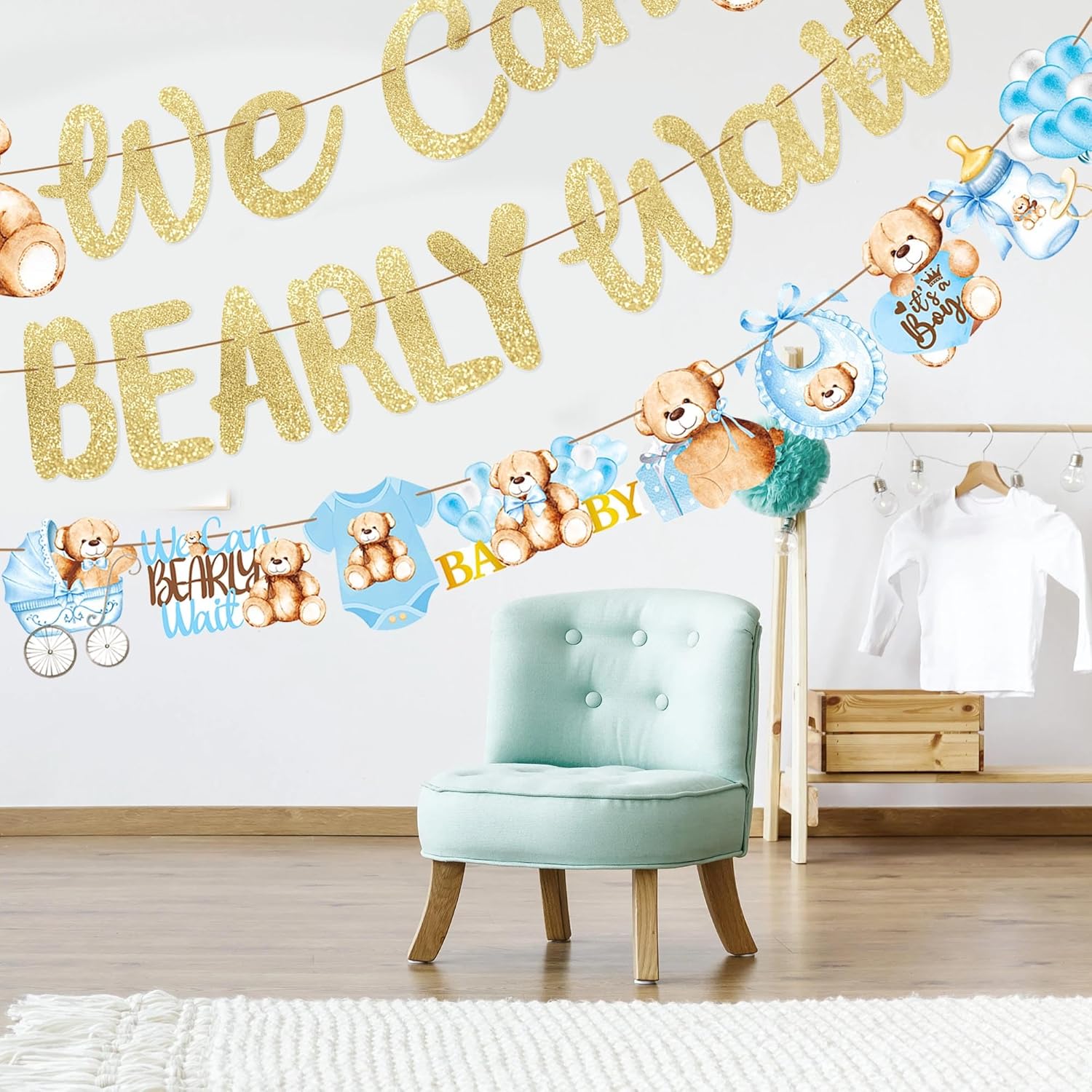 Cartel de oso de peluche para baby shower, 3 unidades, con texto en inglés We Can Bearly Wait Baby Show, decoración de oso de peluche con purpurina