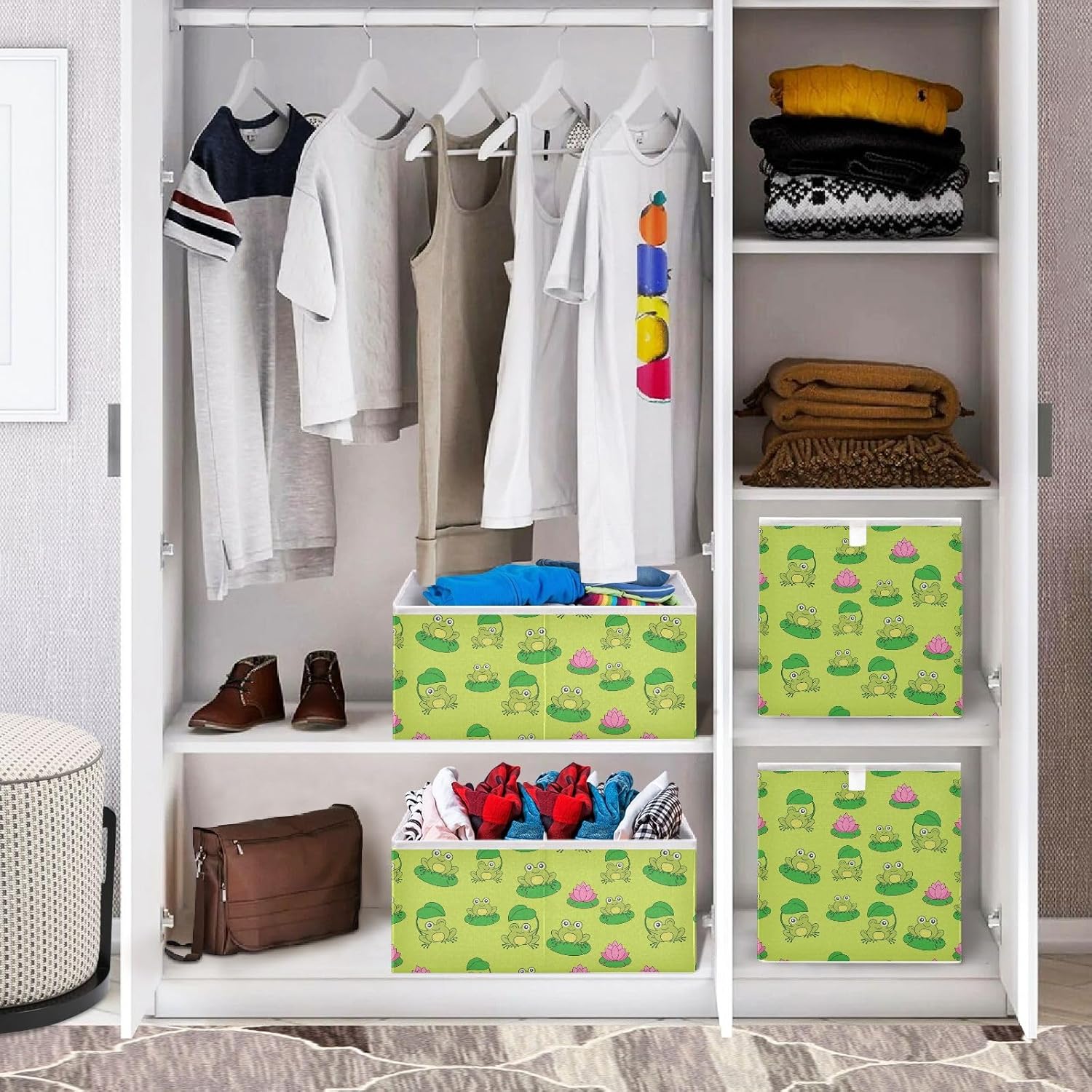 Emelivor Lindos cubos de almacenamiento de tela con forma de rana, caja de almacenamiento plegable, organizador de armario, cestas para estantes,