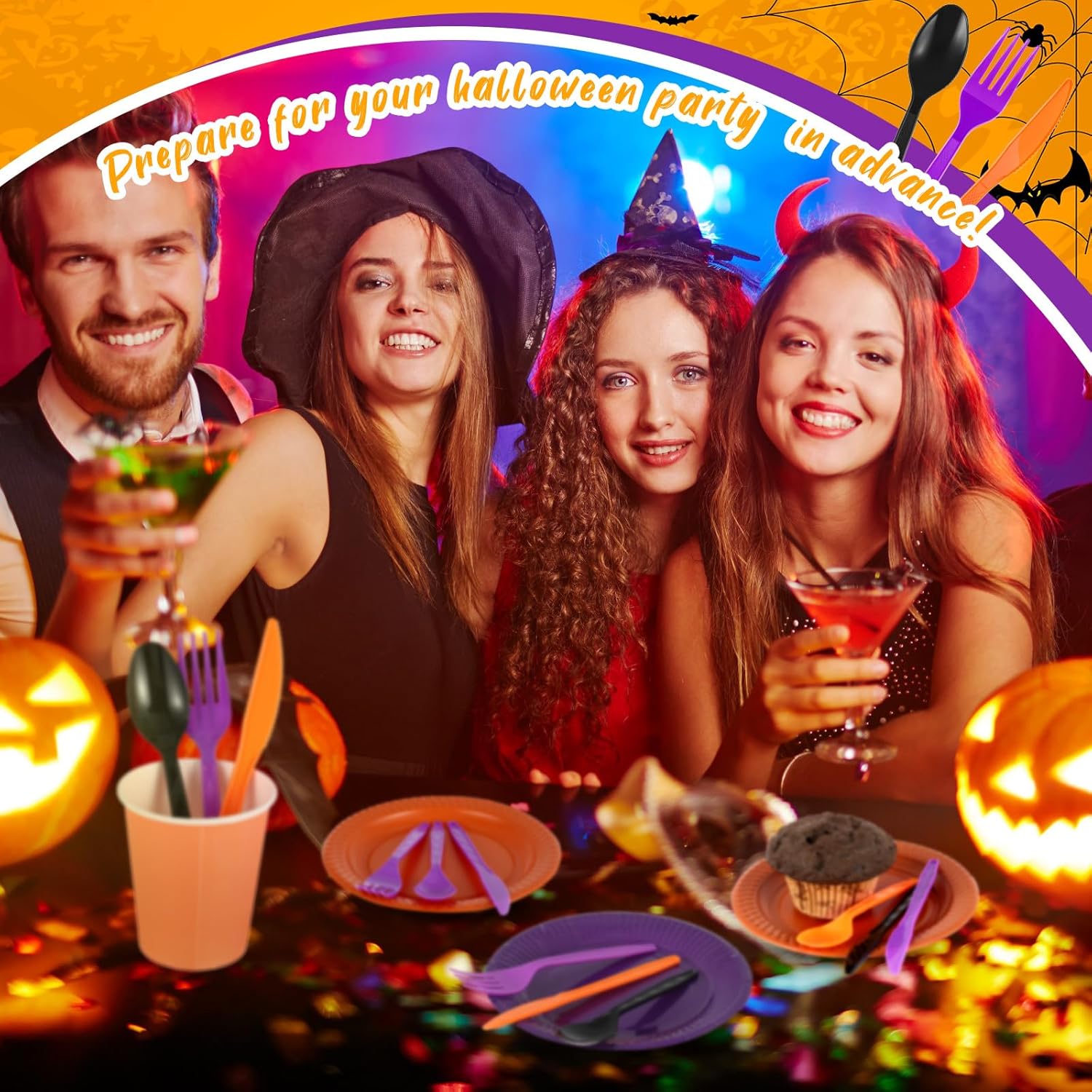 Hoolerry Juego de 600 cubiertos de plástico para Halloween, tenedores, cucharas y cuchillos, incluye 200 tenedores, 200 cucharas y 200 cuchillos