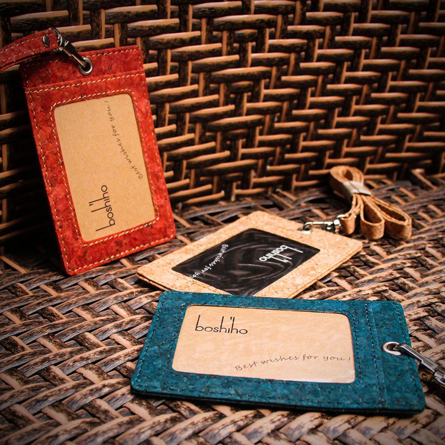 Boshiho. Funda vertical, de piel, para tarjeta de identificación con cordón resistente., Corcho