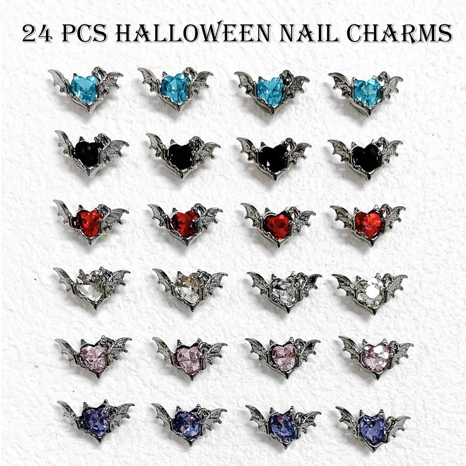 24 dijes de uñas de Halloween de aleación 3D, diamantes de imitación de cristal, suministros de arte de uñas, gemas de diseño de corazón de