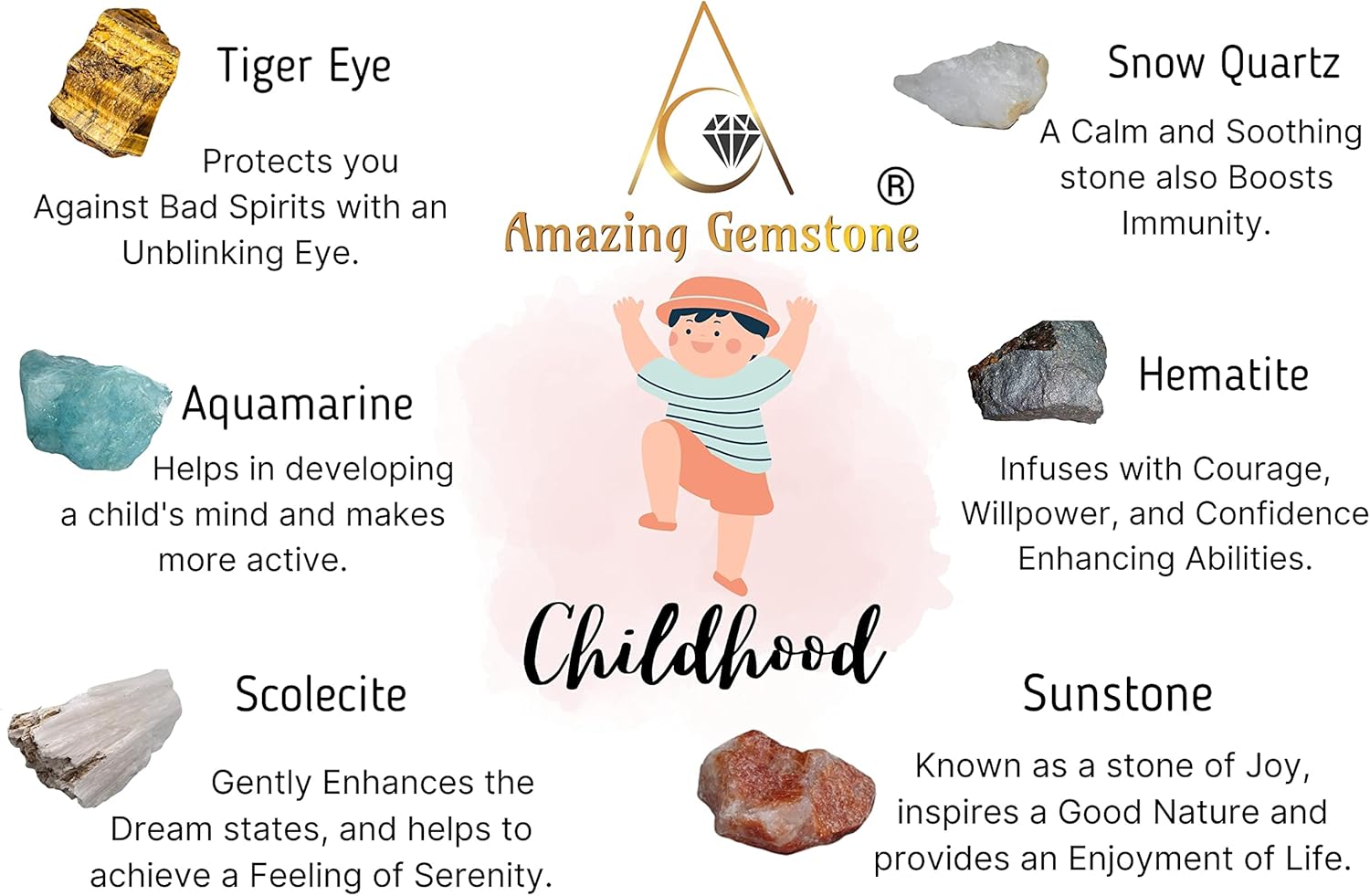 Cristales para niños, juego de 6 cristales curativos de ojo de tigre, aguamarina, cuarzo de nieve, hematita, escolecita y piedra solar
