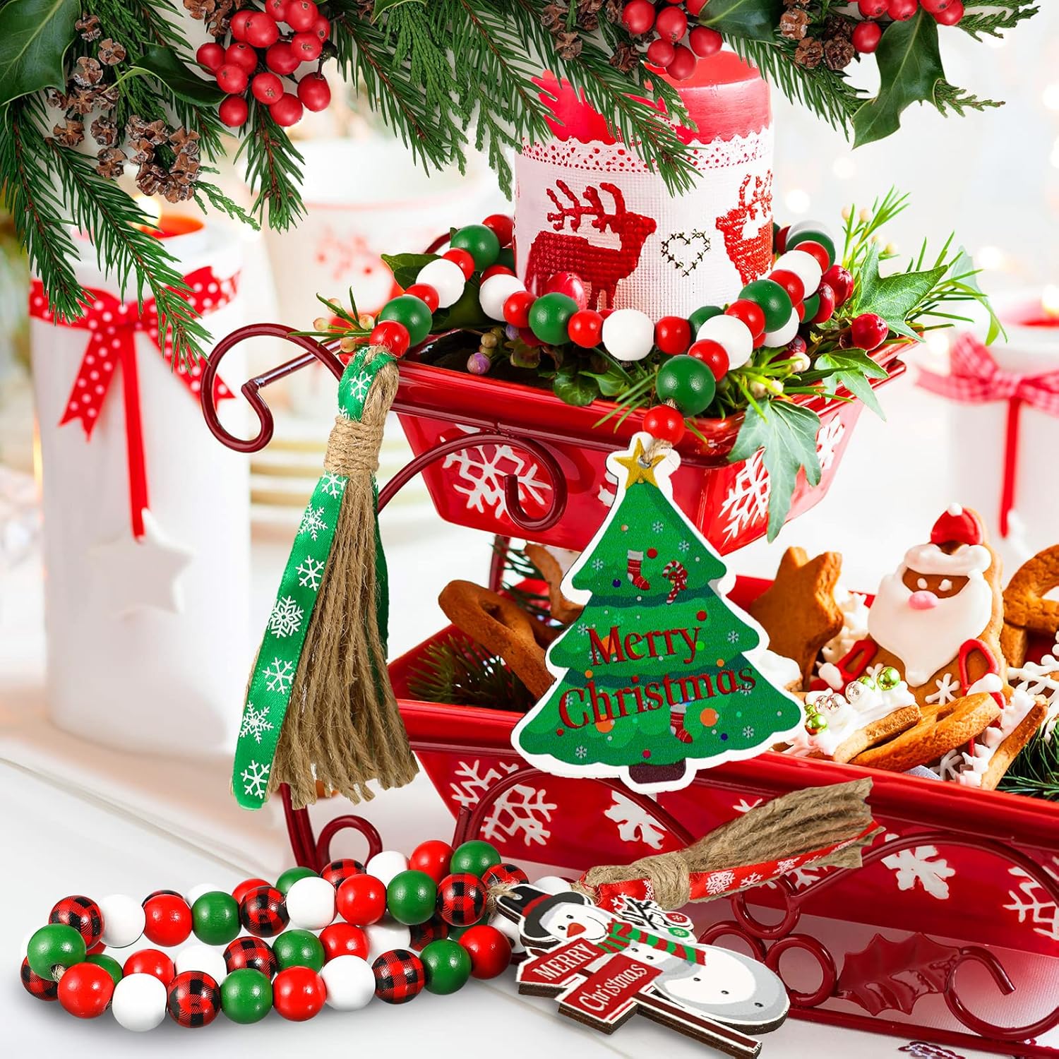Guirnalda de cuentas de madera de Navidad con borlas, decorada con adorno para árbol de Navidad, 2 piezas de guirnalda de cuentas de madera, adornos
