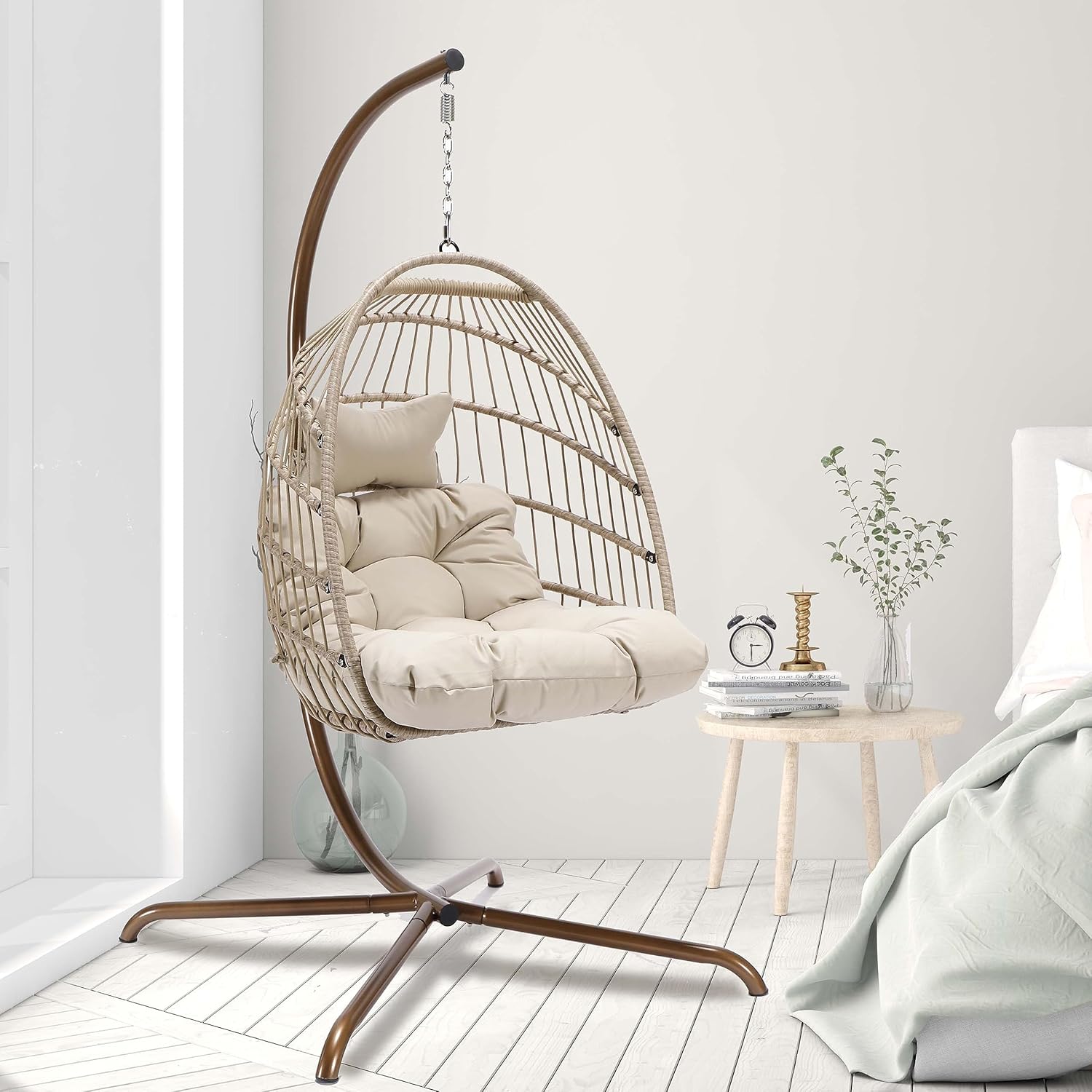 NICESOUL Silla de huevo con soporte para interiores y exteriores, sillas hamaca colgante para todo tipo de clima con cojín, 350 libras, silla