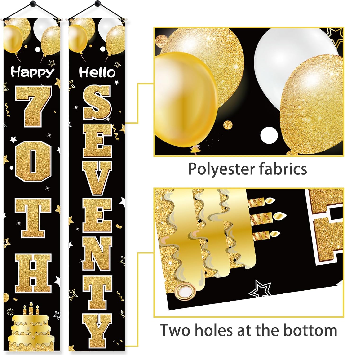 Cartel de 70 cumpleaños para puerta para mujeres y hombres, color negro y dorado con texto en inglés “Hello Seventy Porch”, suministros de fiesta,