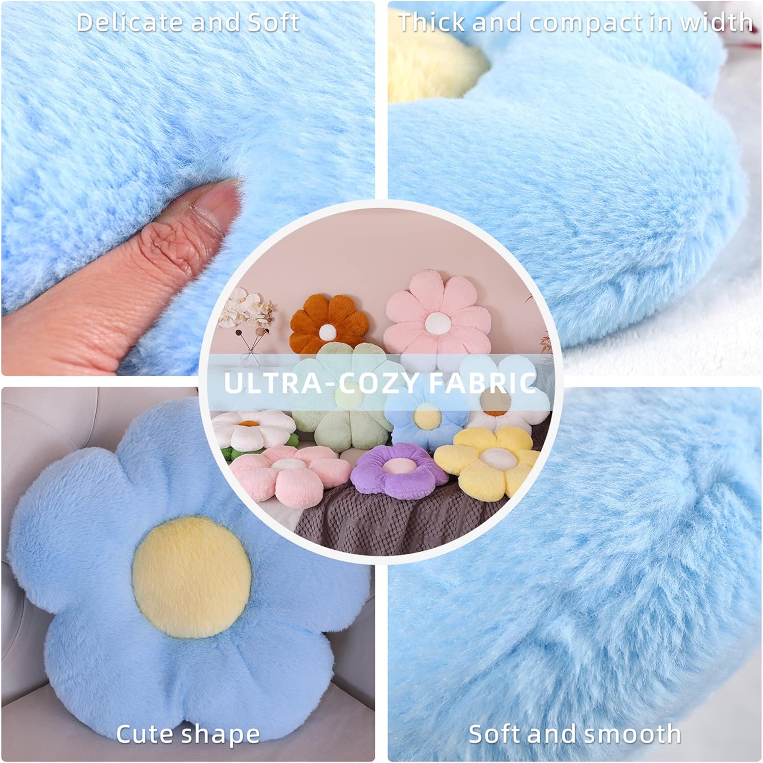 Cojín decorativo de flores, almohada decorativa para silla, almohada de felpa para piso (19.6 pulgadas, marrón y blanco)