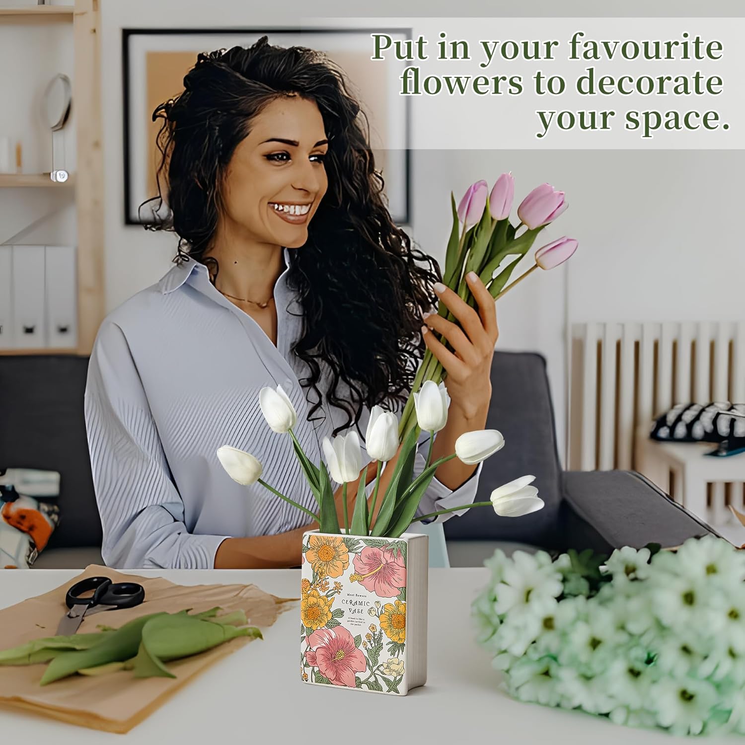 Florero de cerámica blanca con forma de libro, florero decorativo rectangular estético para flores, decoración única del hogar para centro de mesa,