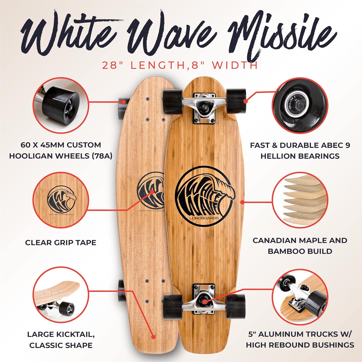 White Wave Patineta larga de bambú. Tabla larga Cruiser Drop Deck para crucero, tallado y diversión de estilo libre, ideal para ciclistas