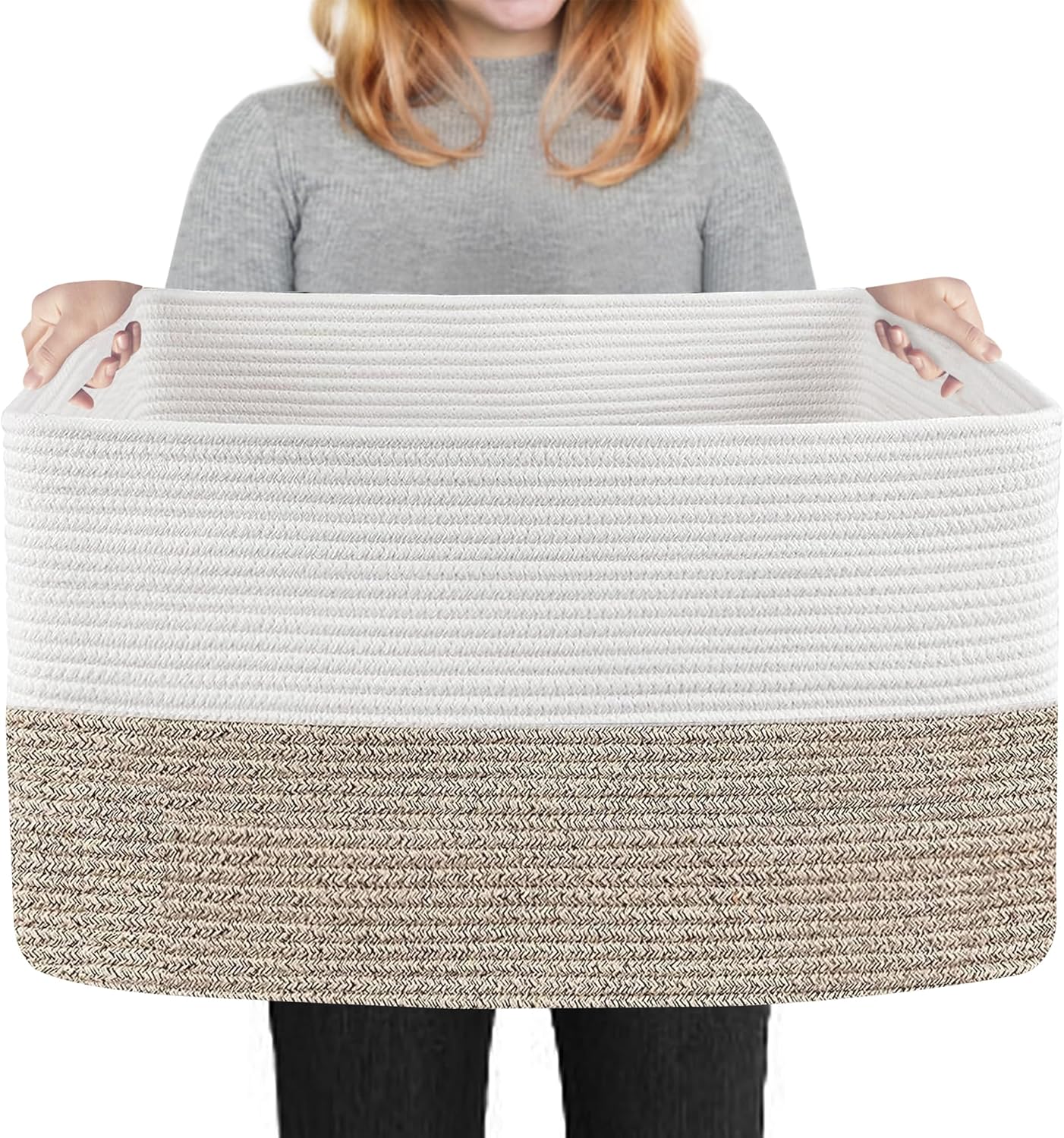 Cesta de cuerda extragrande, 22.8 x 14.9 x 11.8 pulgadas, cesta rectangular para manta para sala de estar, cesta organizadora de juguetes de tejido