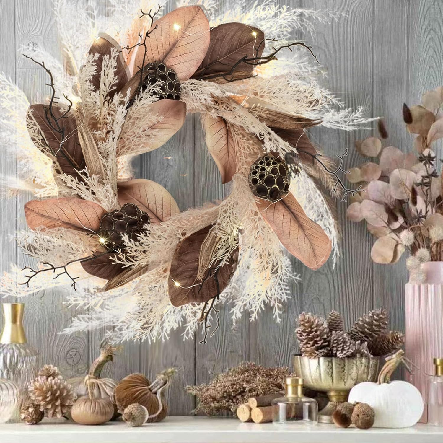 Coronas de otoño de 24 pulgadas con LED para decoración exterior de puerta delantera, pasto de plástico, hojas de magnolia, okra, vainas de loto,