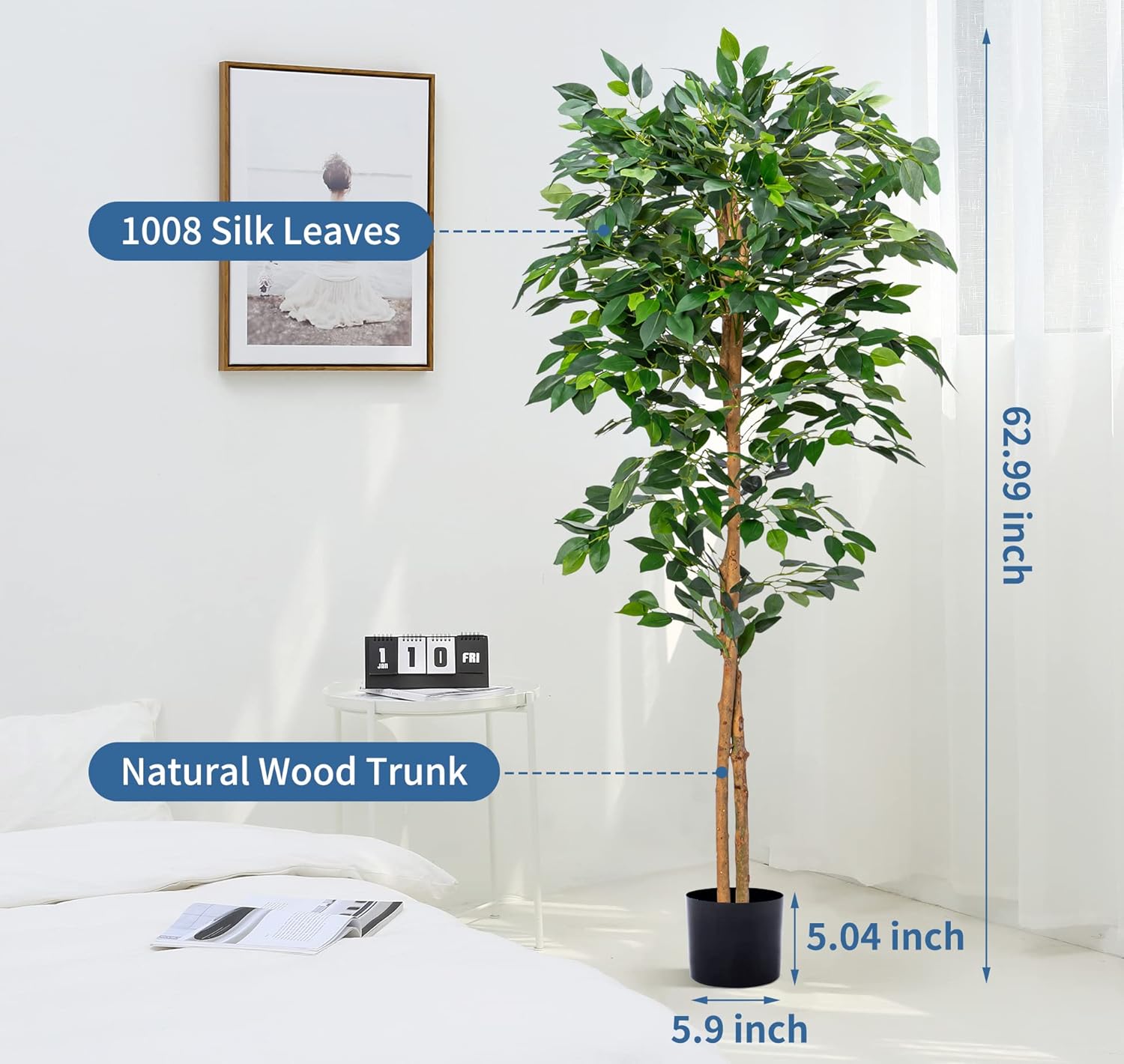 Plantas artificiales de ficus, árboles de eucalipto con hojas de seda, musgo falso y maceta resistente, plantas falsas para decoración de oficina y