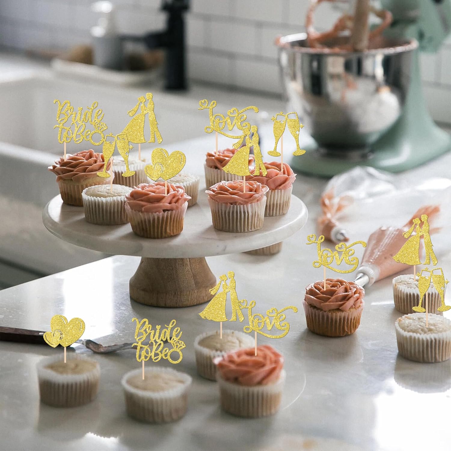 Paquete de 30 adornos para cupcakes con purpurina “I Do Love”, para decoración de pasteles de novia y novio, para boda, compromiso, despedida de