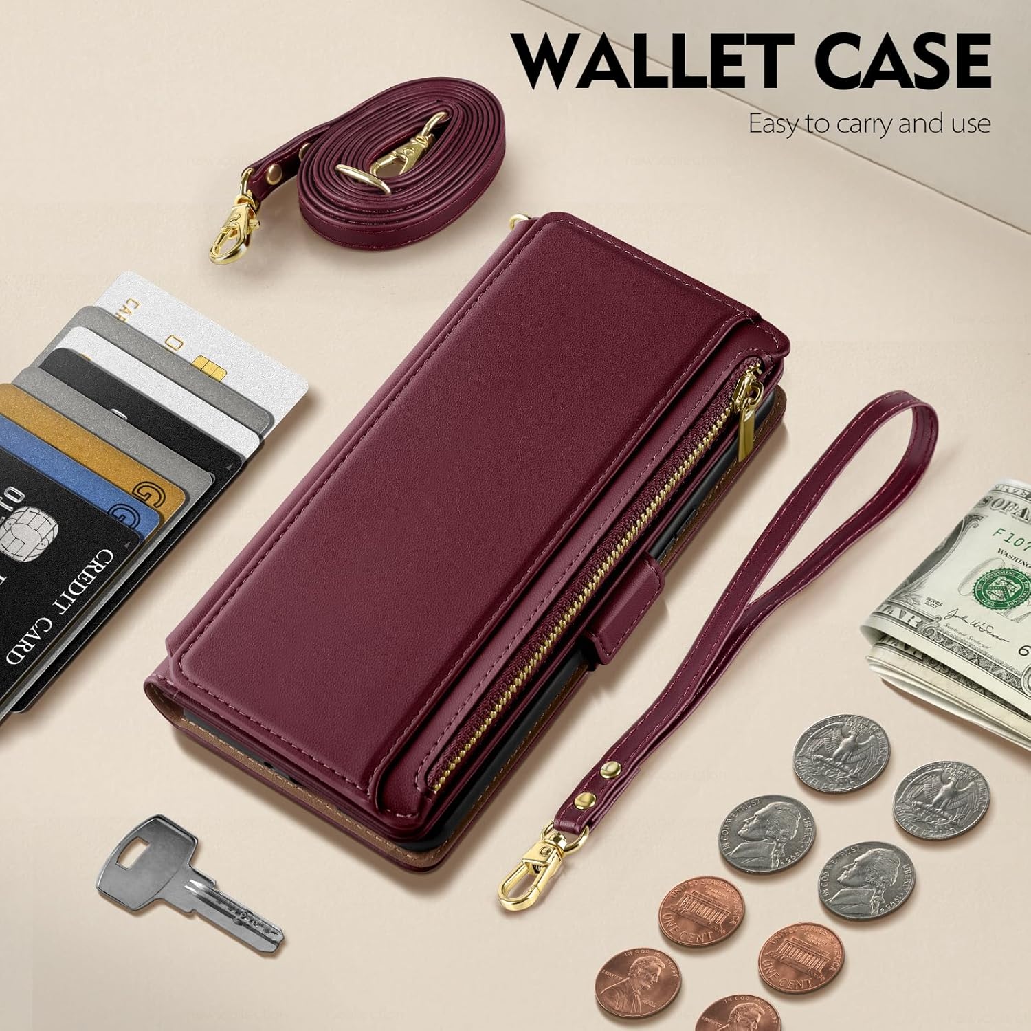 Antsturdy Funda tipo cartera compatible con iPhone 15 para mujer con bloqueo RFID, funda cruzada de piel sintética con cremallera y correa para la