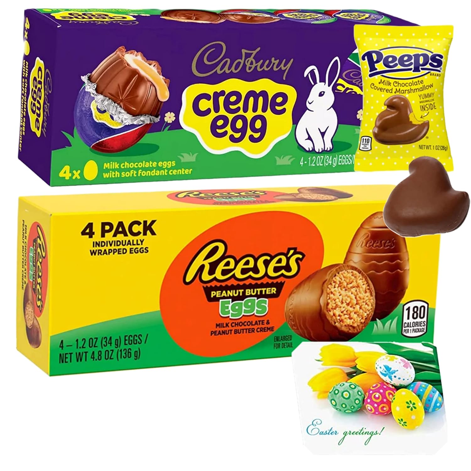 Huevos de Pascua  Huevos de chocolate con leche Cadbury Creme y huevos de mantequilla de maní de Reese’s  Pollito de malvavisco cubierto de