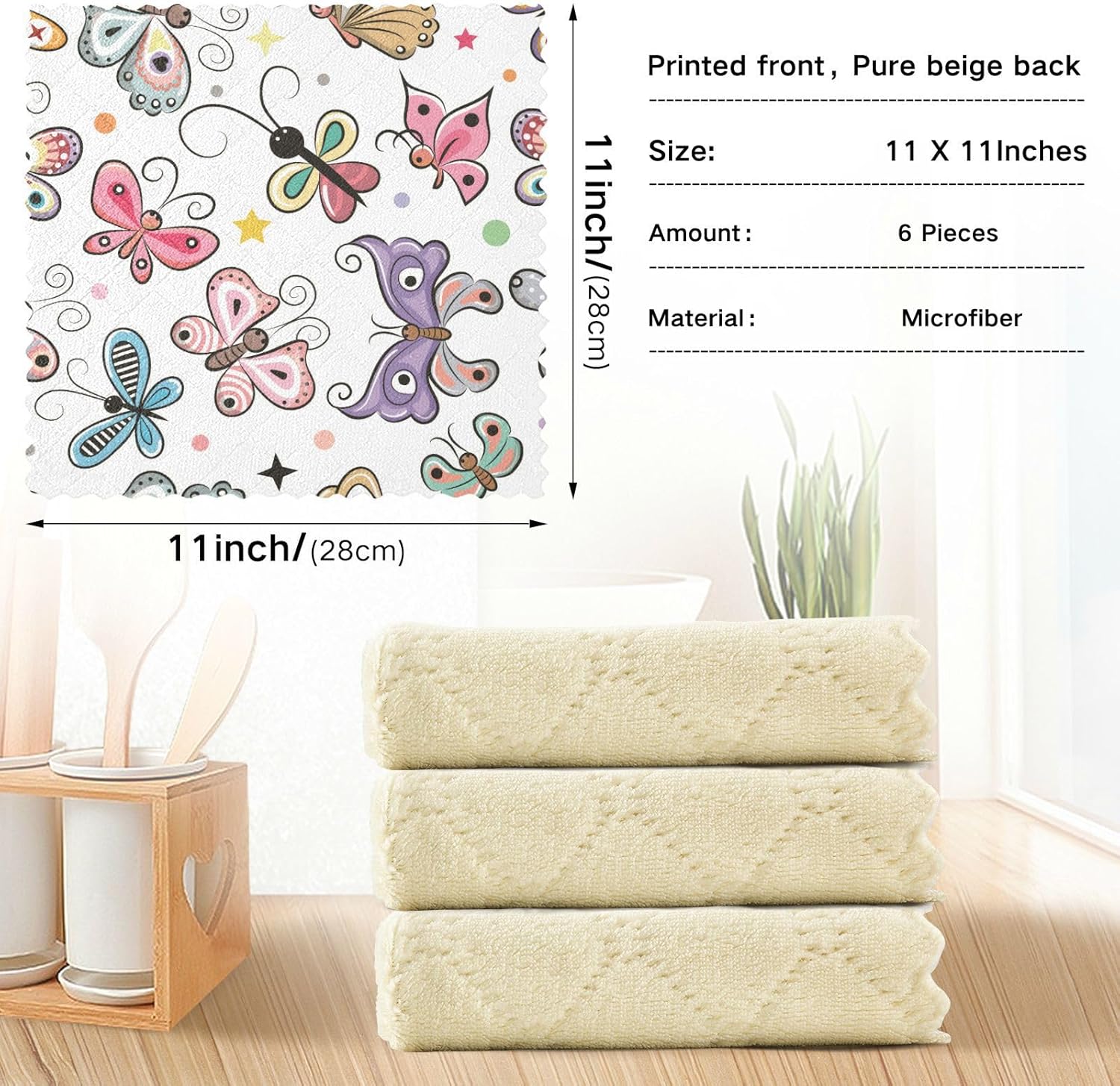 Toalla de microfibra con estampado suave de mariposas de dibujos animados para cocina, absorbente, paquete de 6 trapos para mesa de restaurante