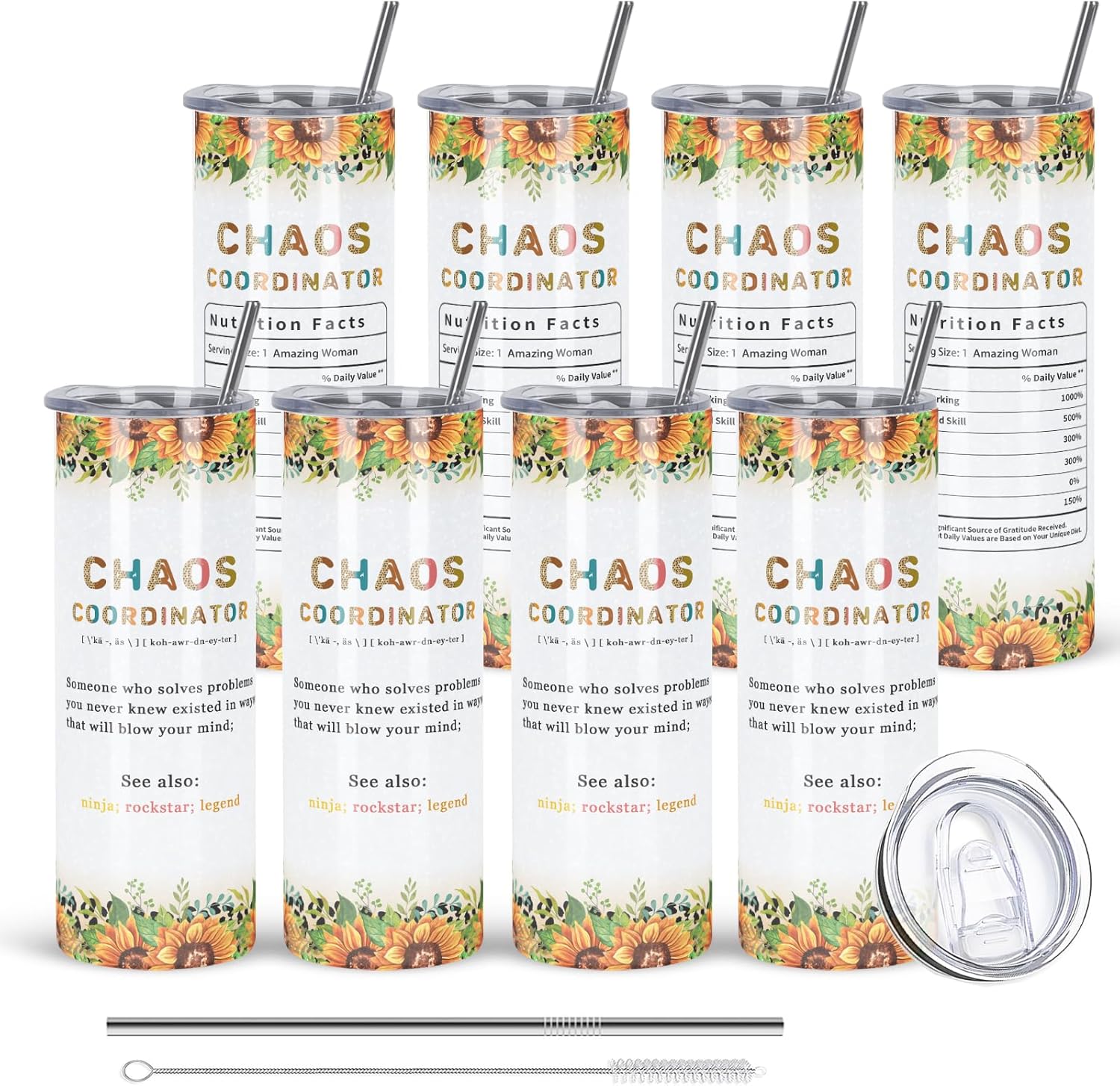 Paquete de 4 vasos de regalo de coordinador del caos, vaso delgado de 20 onzas, regalos de oficina para jefa, profesora, compañera de trabajo,