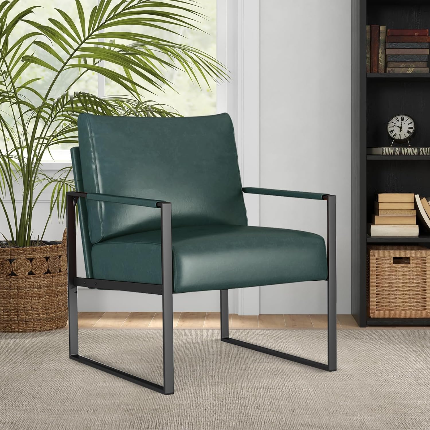 Bonzy Home Silla decorativa tapizada de piel sintética moderna de mediados de siglo con marco de acero sólido, cómoda silla de lectura sentada para
