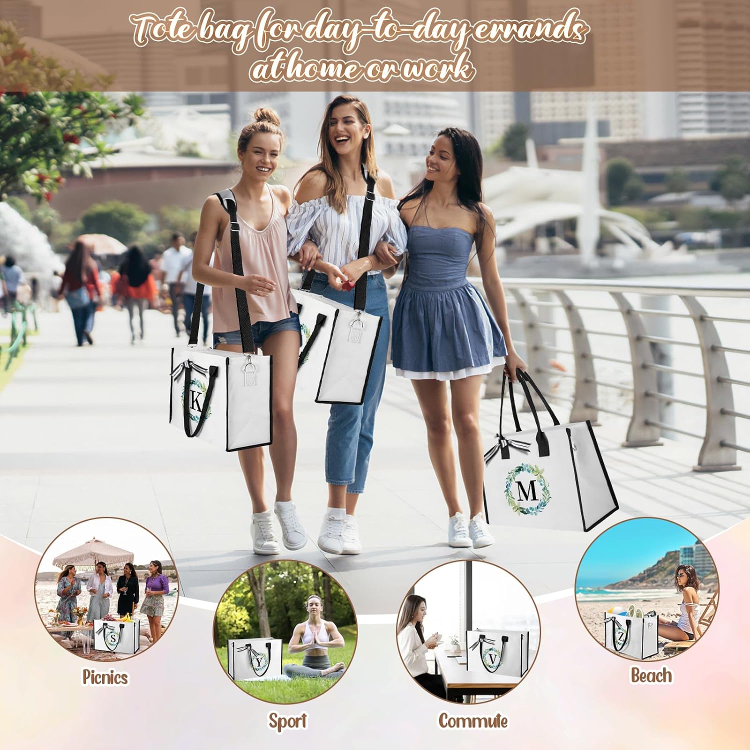 Can-vas – Bolsa de playa con iniciales florales para mujer, bolsa de playa con bolsillo interior, 2 bolsillos laterales, correa de hombro, caja de