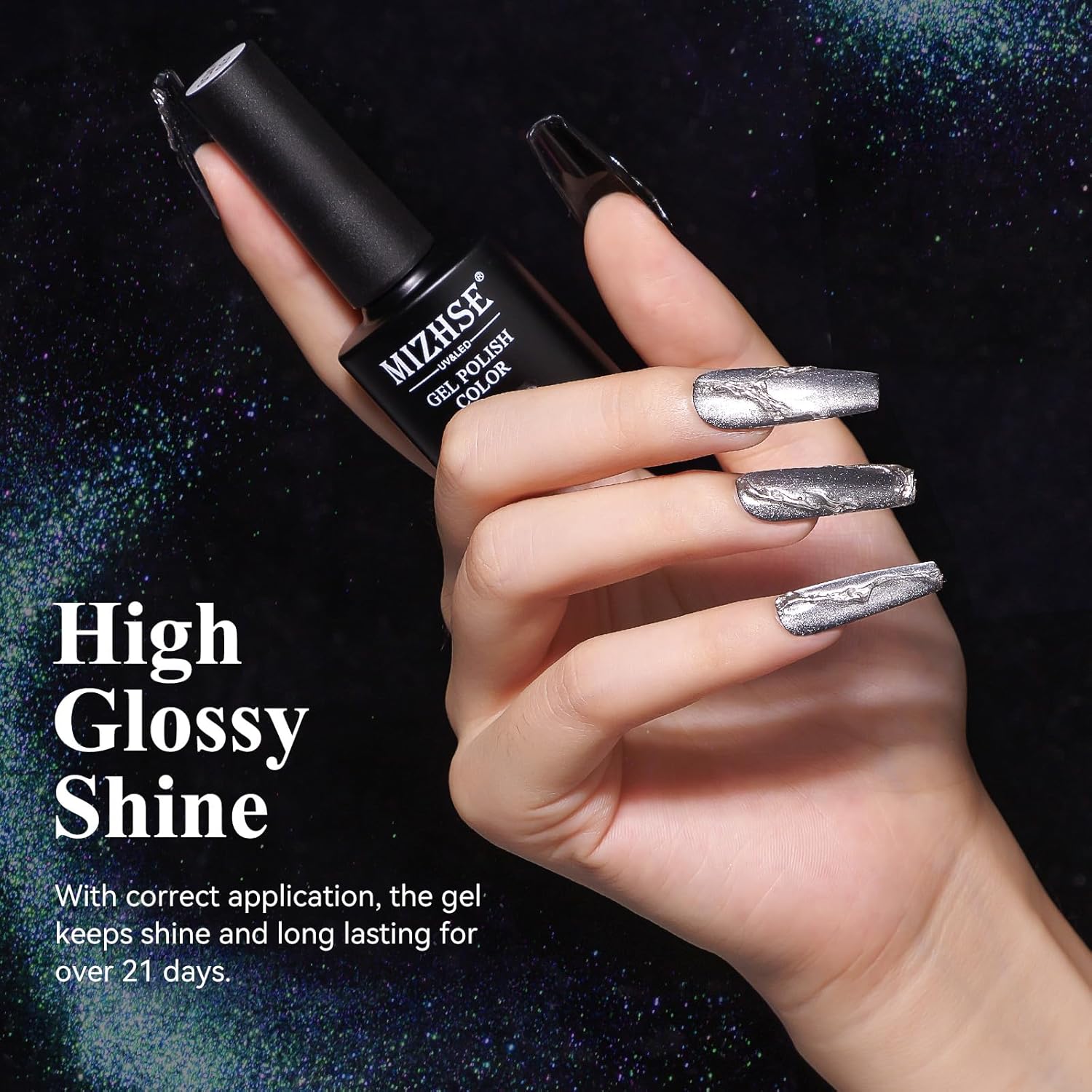 MIZHSE Esmalte de uñas de gel 9D de ojo de gato, esmalte de gel magnético plateado con barra magnética, efecto galaxia mágico, brillo holográfico,