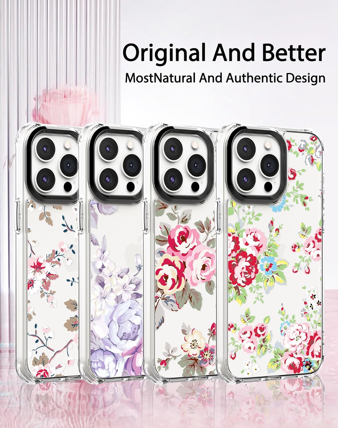 Feitenn Funda para iPhone 15 Pro Max, policarbonato transparente + TPU suave a prueba de golpes, diseño de flores Beatuy Design Case con protector