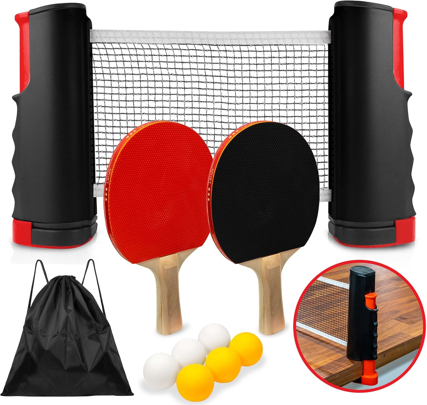 HAKOL Juego de ping pong con 4 paletas y red para cualquier mesa, red retráctil, 2 paletas, 6 bolas, bolsa de transporte, diversión portátil en