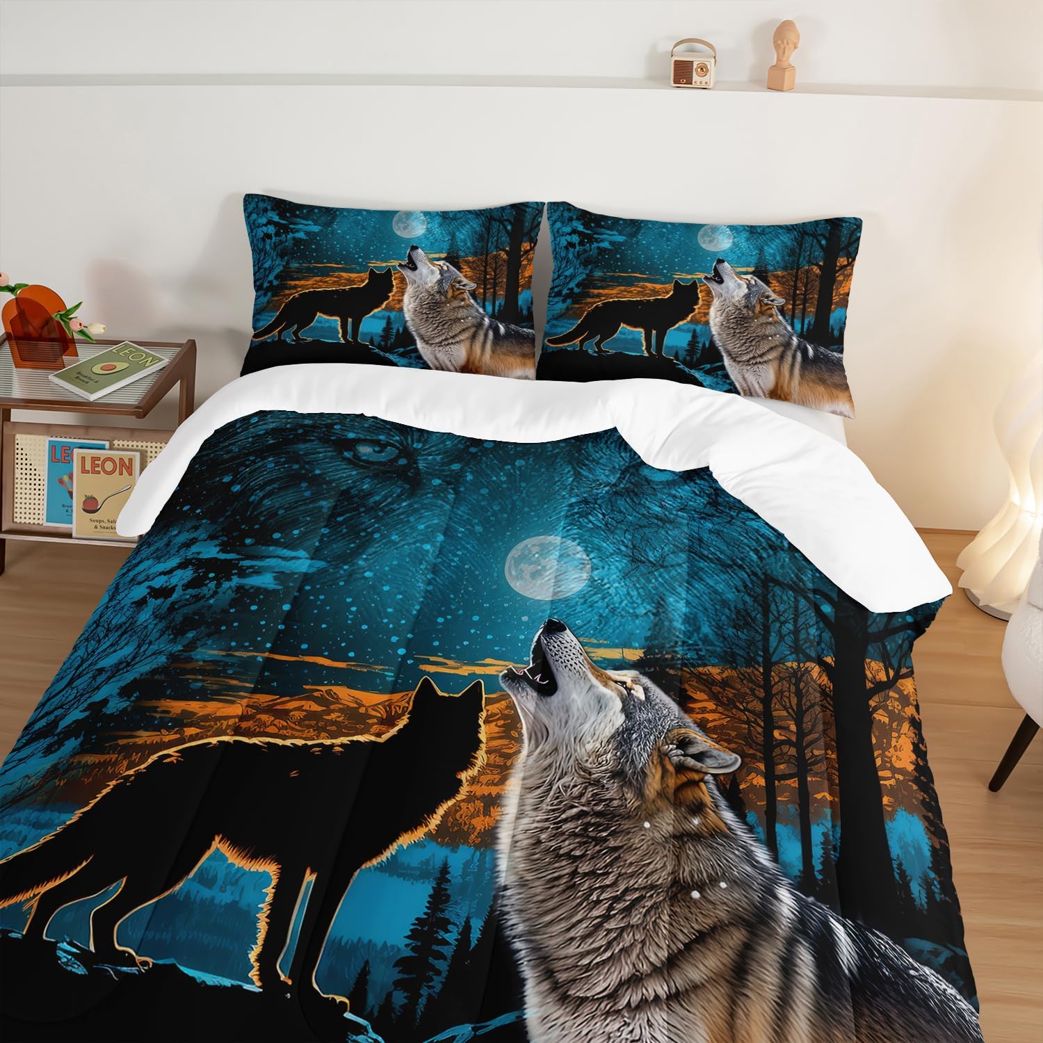 HOSIMA Edredón de lobo salvaje, ropa de cama con estampado de animales del bosque con 2 fundas de almohada, juego de ropa de cama de lobo, árbol y