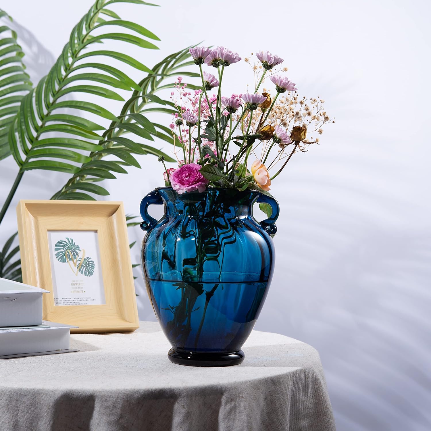 Lujoso florero de cristal azul para centro de mesa, florero de vidrio tintado transparente de alta calidad con asa, arreglo floral creativo de