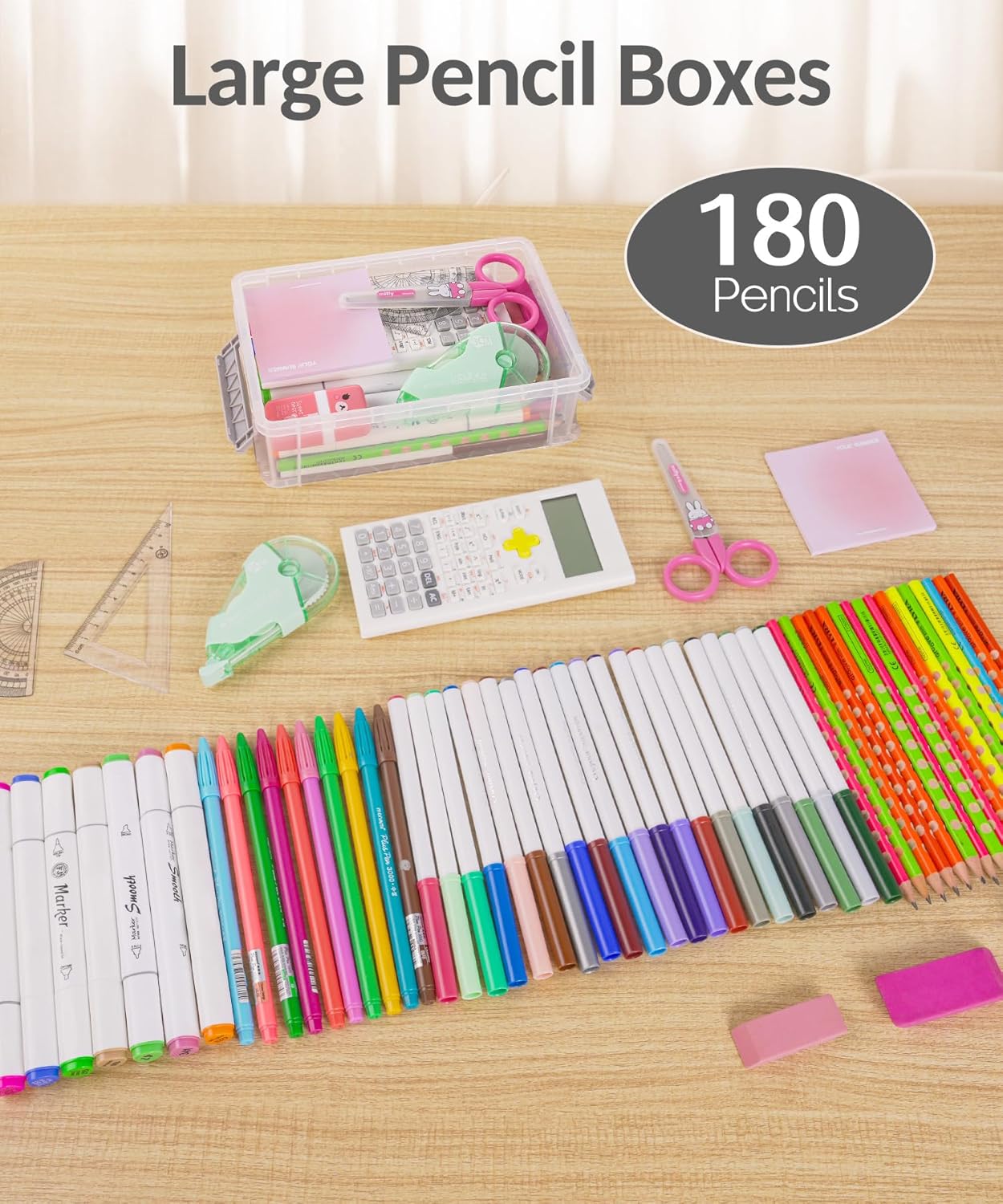 Sooez Paquete de 6 cajas de lápices extra grandes, estuche de plástico para lápices a granel, organizador de marcadores transparentes con tapa,