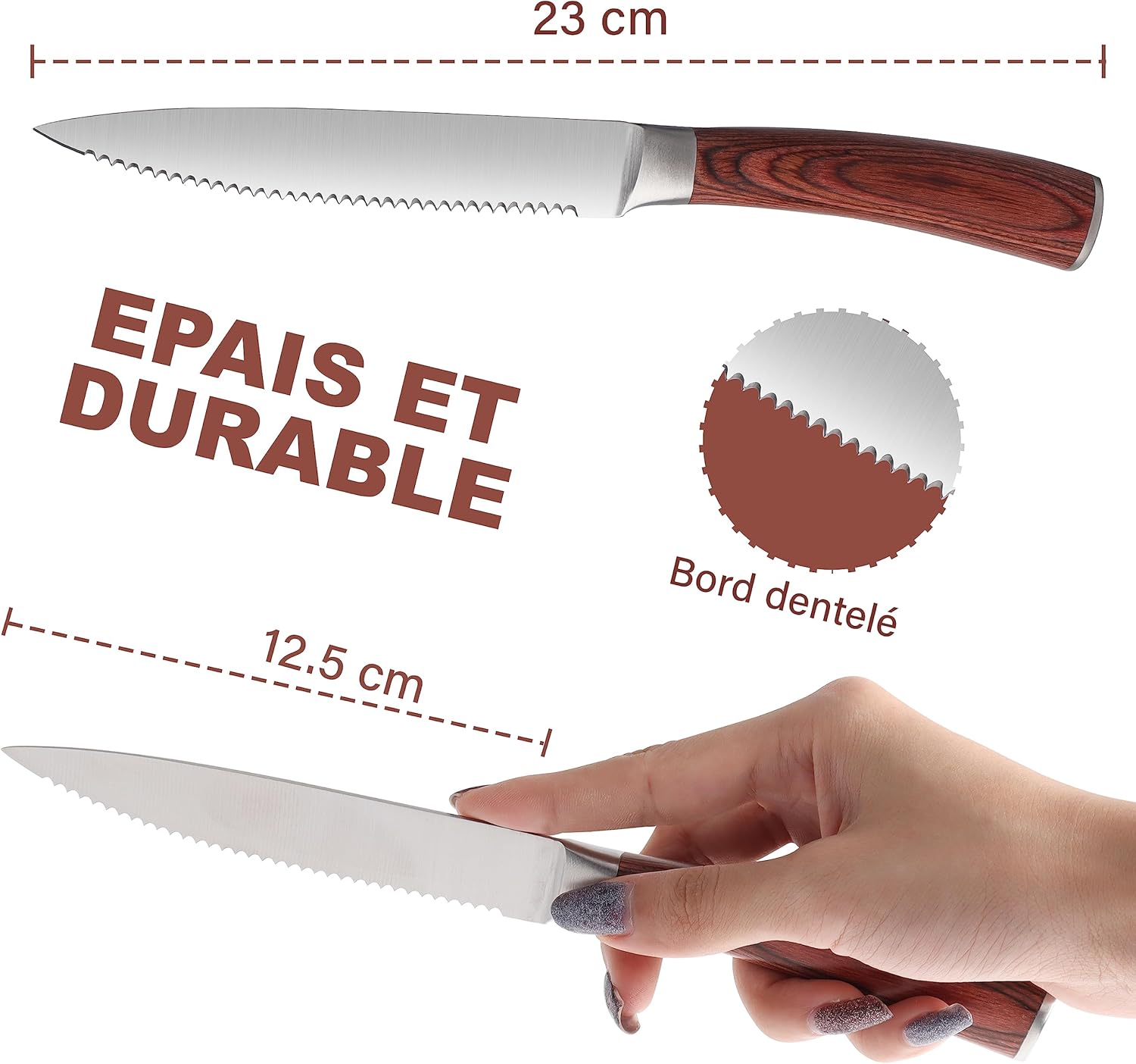 LUVCOSY Pakkawood – Juego de 6 cuchillos de carne dentados de acero inoxidable con mango de madera de Pakka, juego de cuchillos de cena de borde