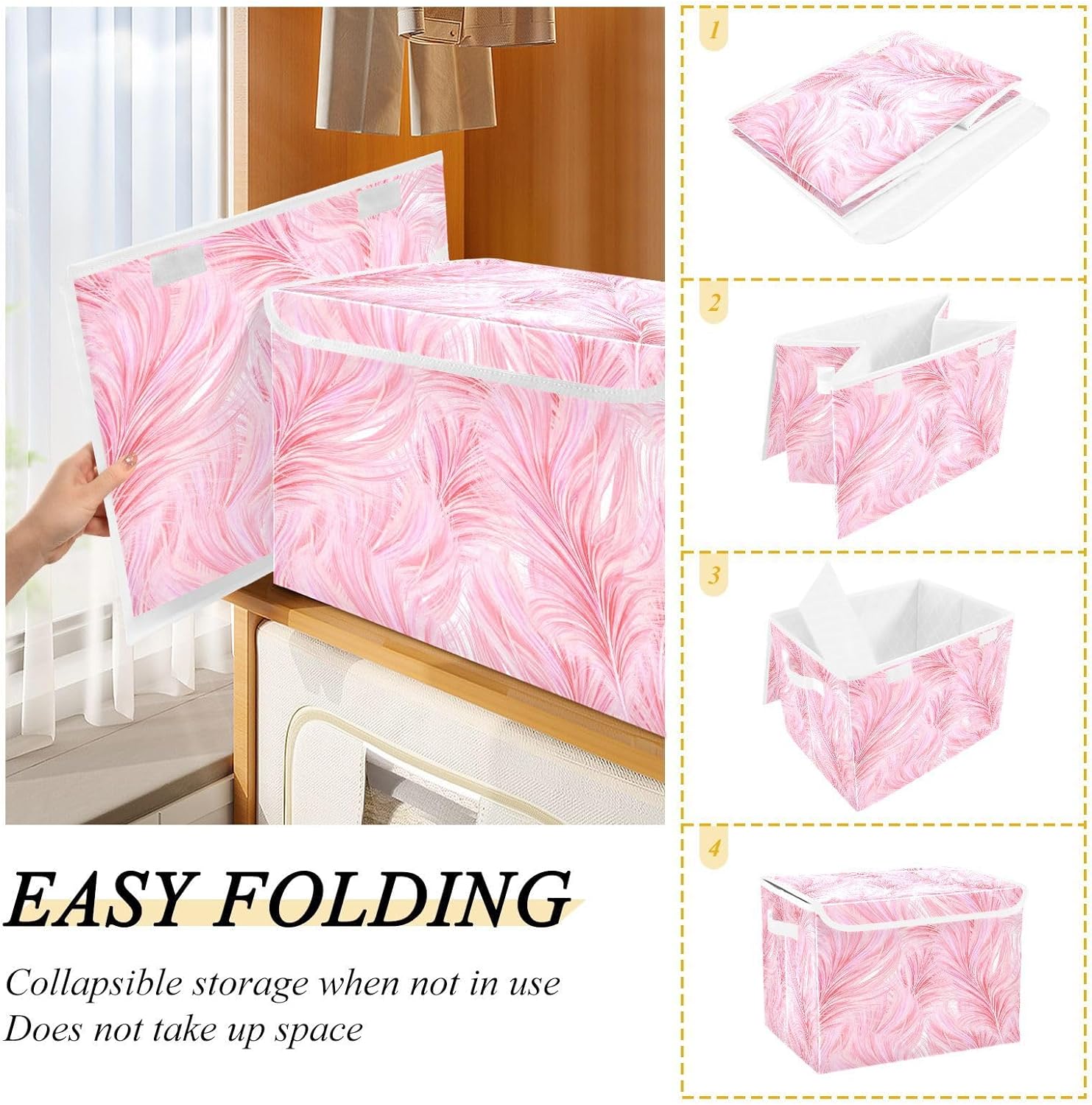 FUGIDOG Cajas de almacenamiento con tapas y asas de plumas rosadas, contenedores plegables de tela para armario, contenedores grandes de ropa de