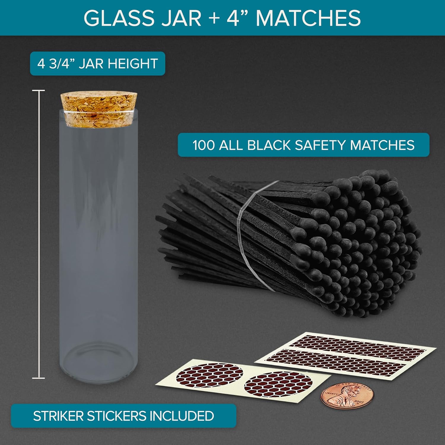 Todos los fósforos negros en un frasco de 4 pulgadas + calcomanías de golpeador incluidas  100 coincidencias de seguridad decorativas de punta negra