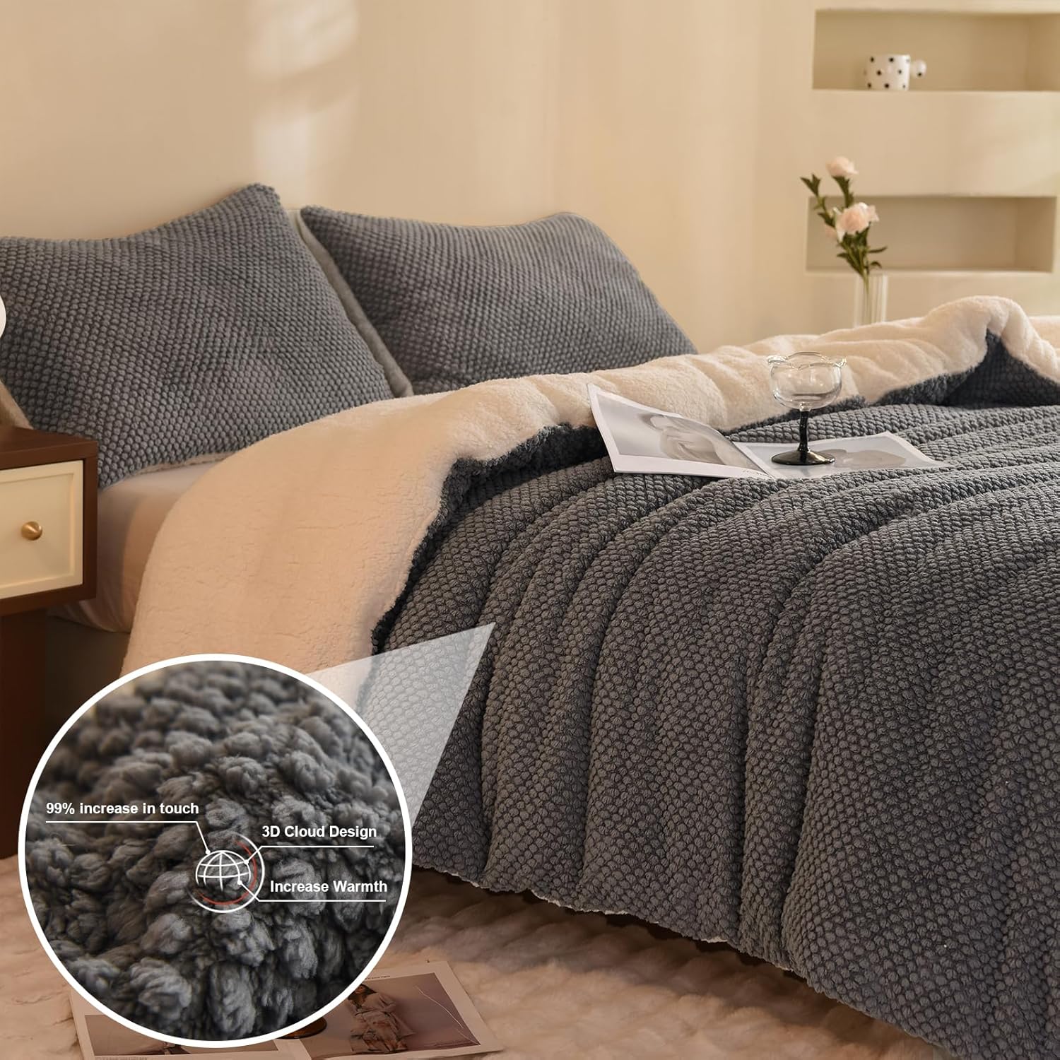 Juego de edredón de diseño jacquard 3D, ultra suave, cálido, tamaño Queen, felpa de piel sherpa, juego de 3 piezas, ropa de cama acogedora de lujo