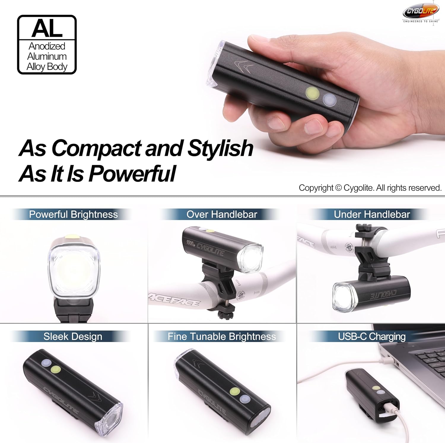 Cygolite Velocity SL – Luz de bicicleta de 1000 lúmenes, aleación de aluminio anodizado, 9 modos de luz, brillo ajustable fino, compacto IP67