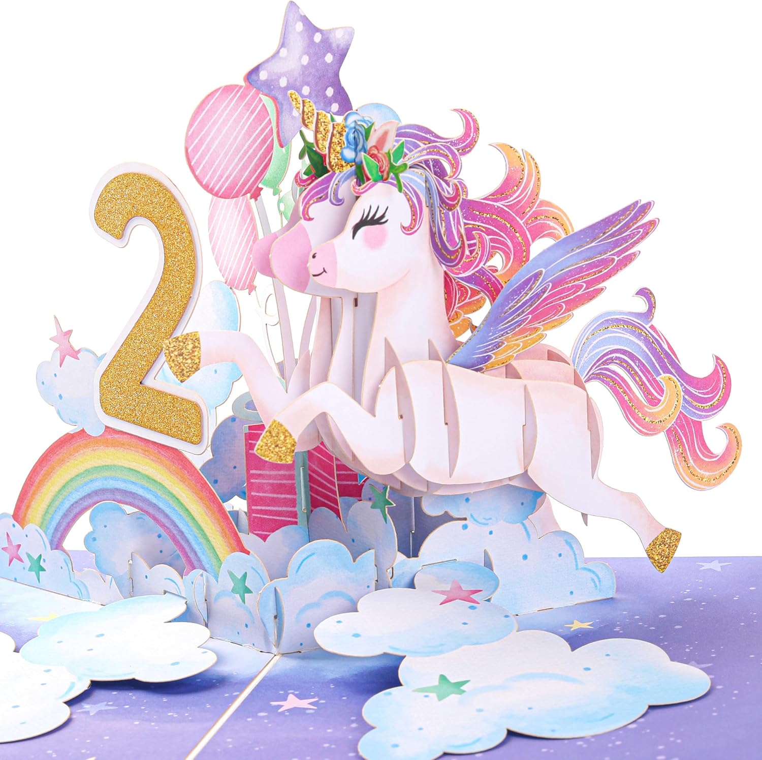 Liif Tarjeta de feliz cumpleaños de 2 cumpleaños de unicornio, tarjeta de cumpleaños desplegable para niños de 2 años para niños, niñas, niños