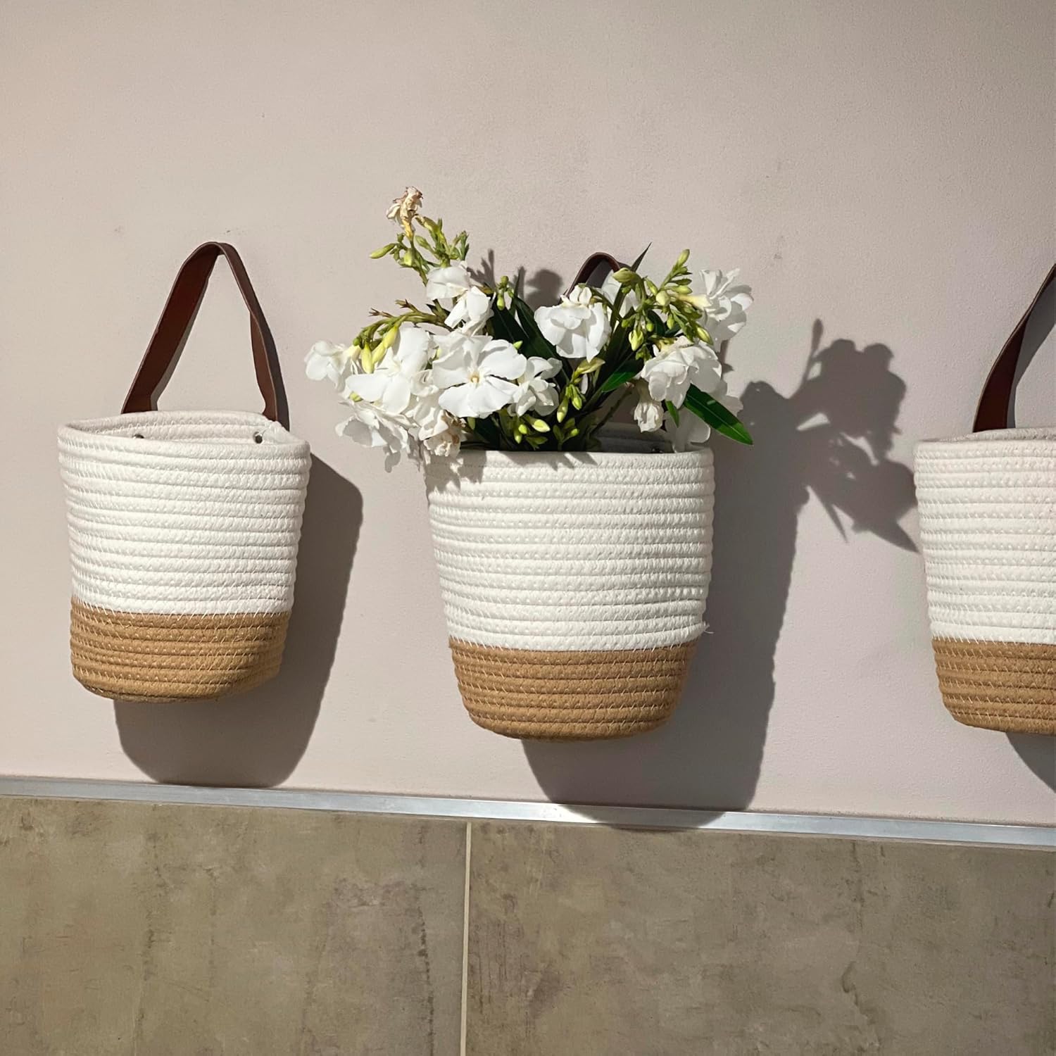 VMS – Paquete de 3 cestas colgantes de cuerda de yute para colgar en la pared para organizar, cesta colgante de pared, cesta de almacenamiento