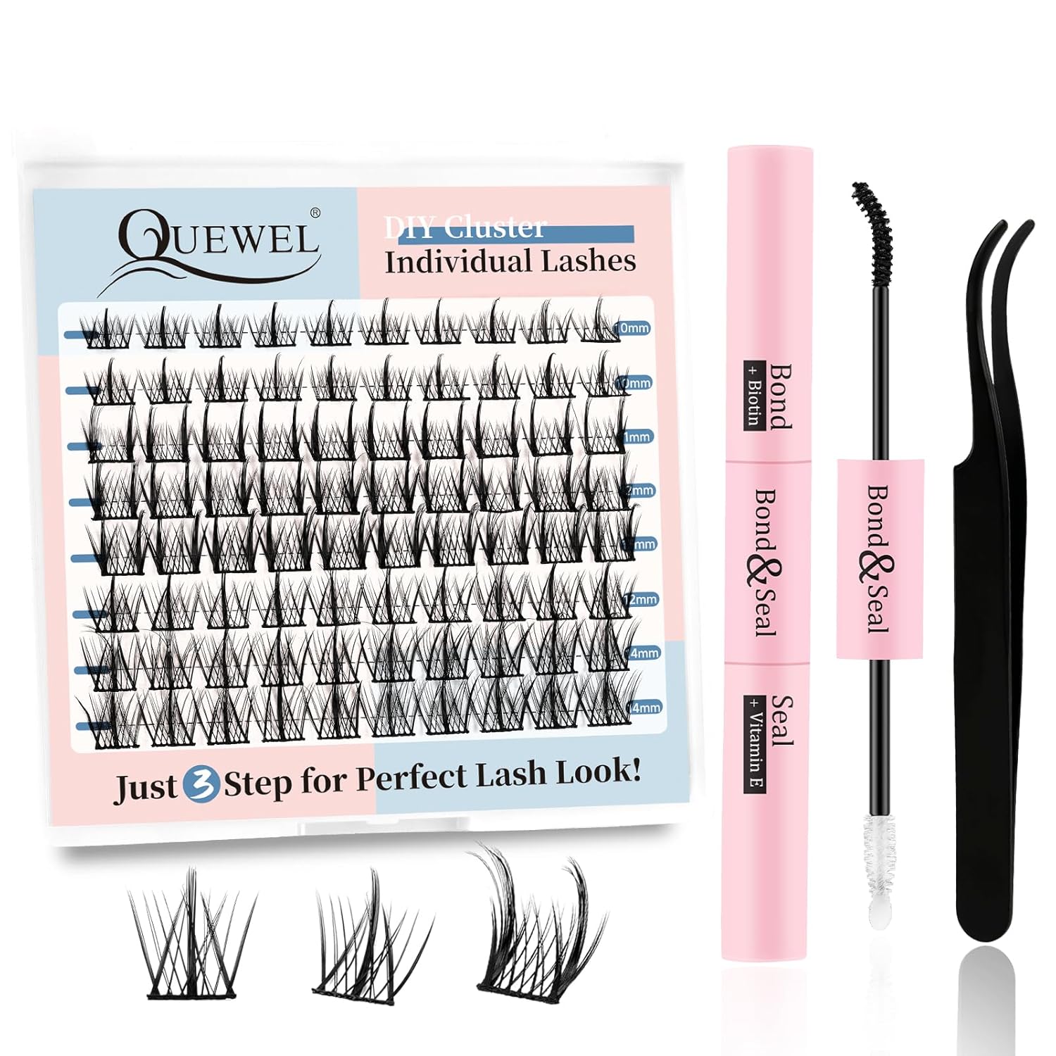 QUEWEL – Kit de extensiones de pestañas en grupo con pegamento de adhesión y sellado impermeable y de larga duración, incluye herramienta